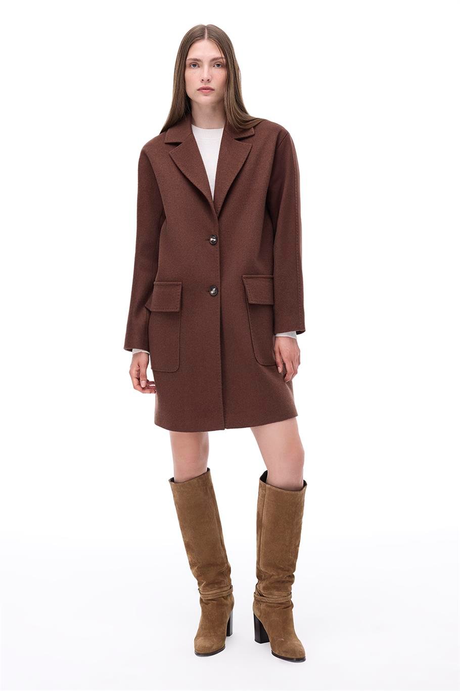 Arlines Rahat Kalıp Takma Kol Erkek Yaka Kahverengi Renk Kadın Kaban