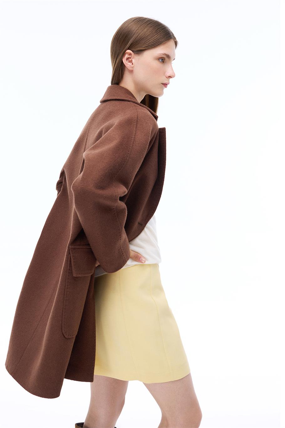 Arlines Rahat Kalıp Takma Kol Erkek Yaka Kahverengi Renk Kadın Kaban