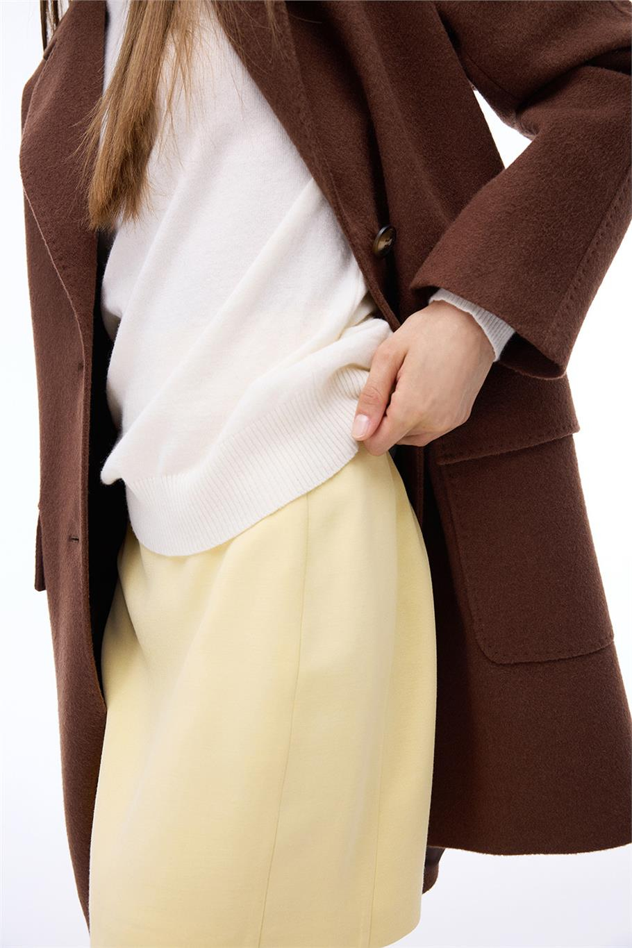 Arlines Rahat Kalıp Takma Kol Erkek Yaka Kahverengi Renk Kadın Kaban