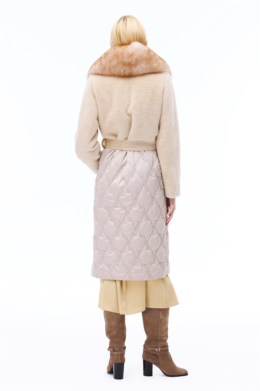 Avilas Regular Fit Midi Boy Takma Kol Ceket Yaka Bej Mont