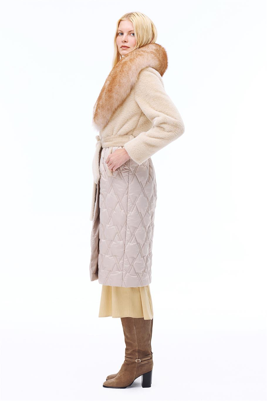Avilas Regular Fit Midi Boy Takma Kol Ceket Yaka Bej Mont