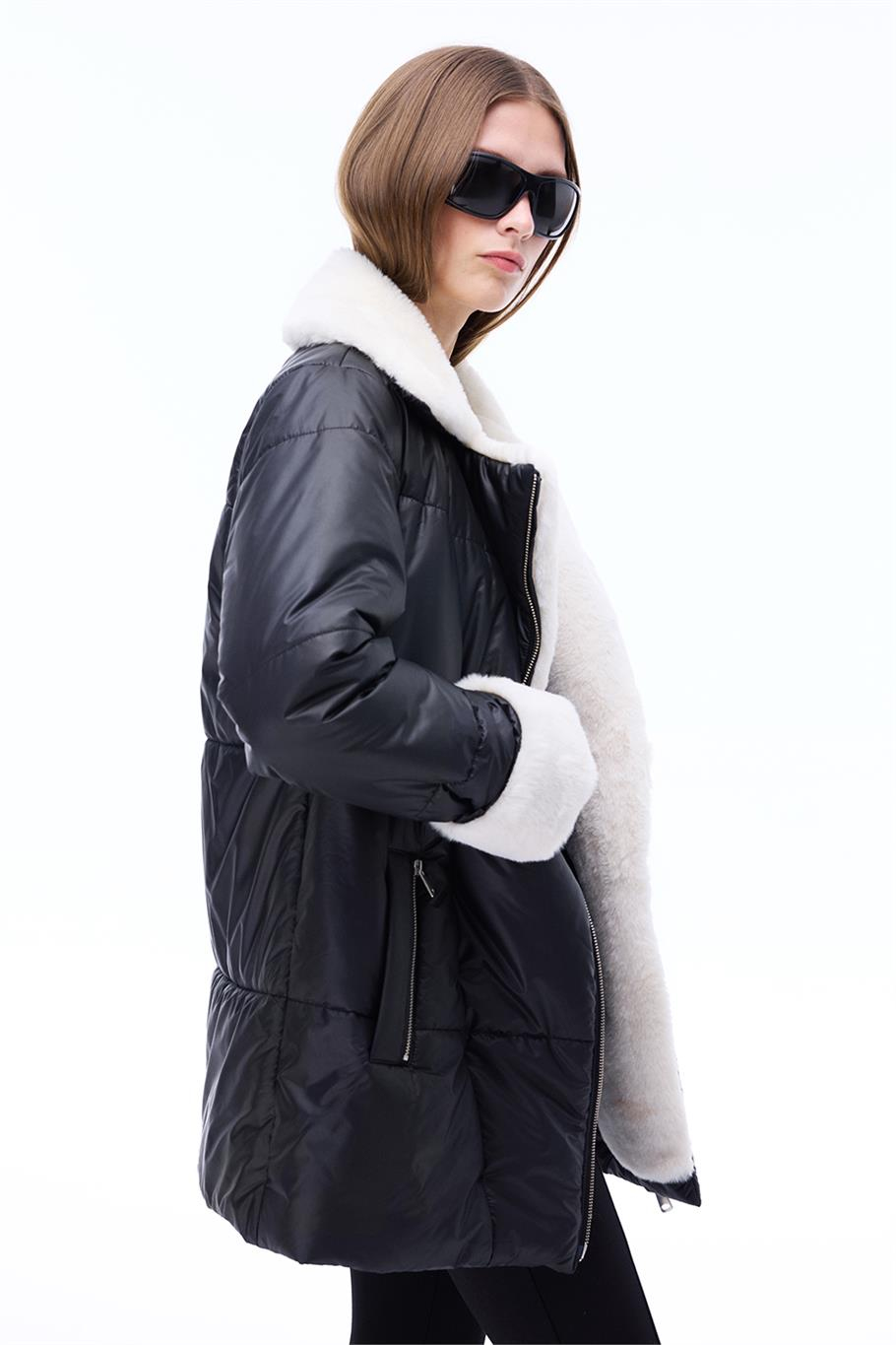 Awans Regular Fit Diz Üstü Takma Kol Gömlek Yaka Siyah Mont