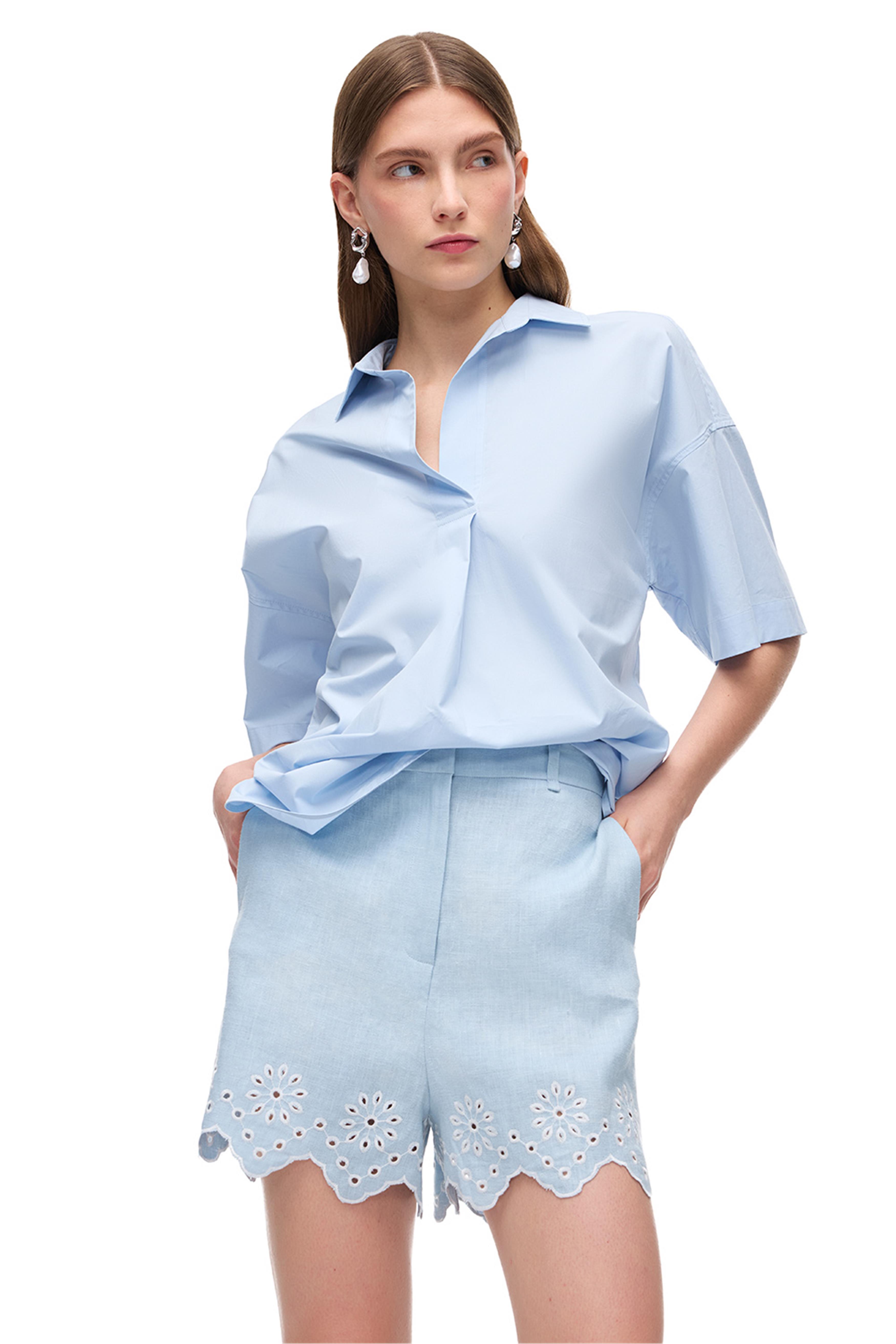 Bebe Mavisi Keten İşlemeli Oversize Şort