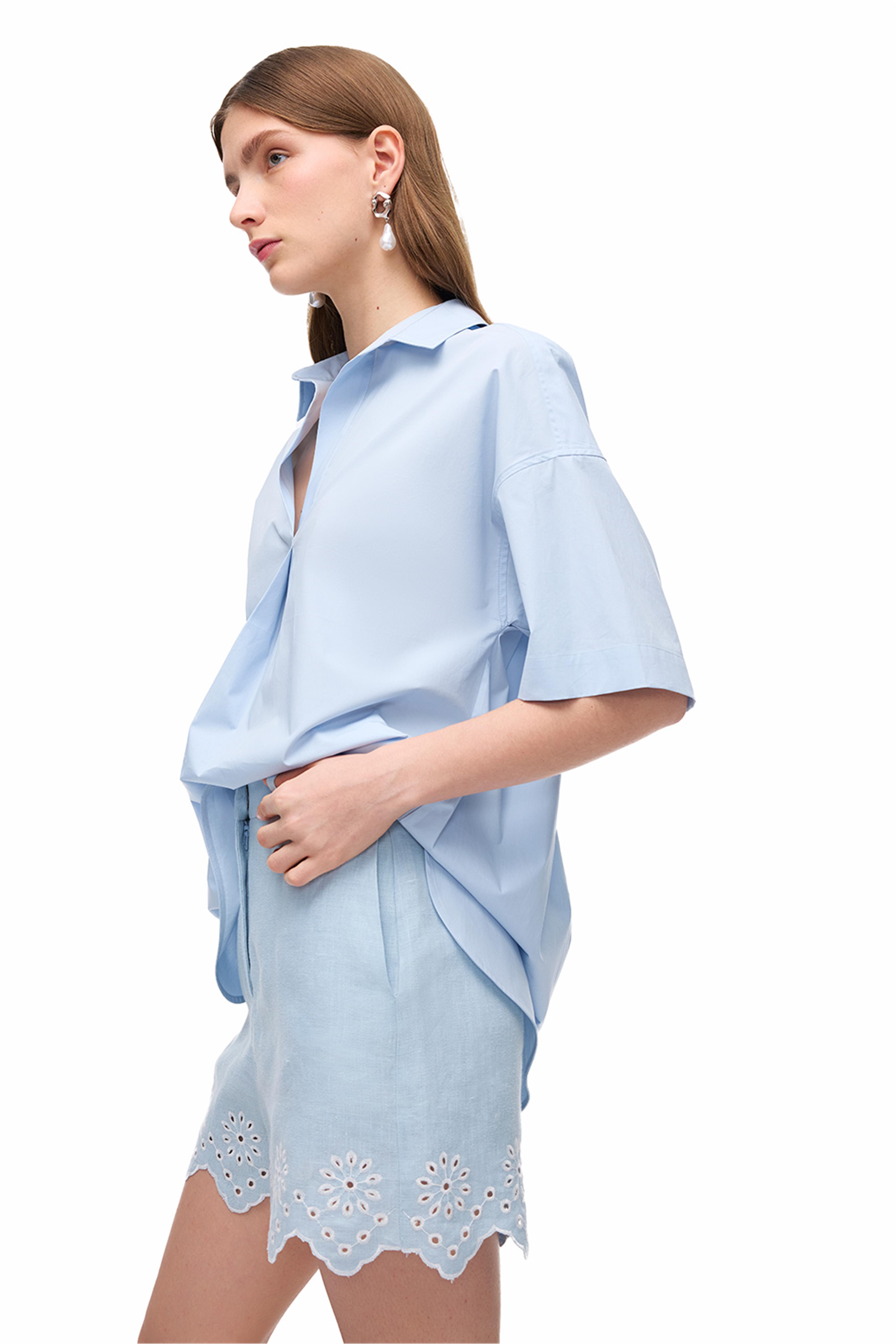 Bebe Mavisi Keten İşlemeli Oversize Şort