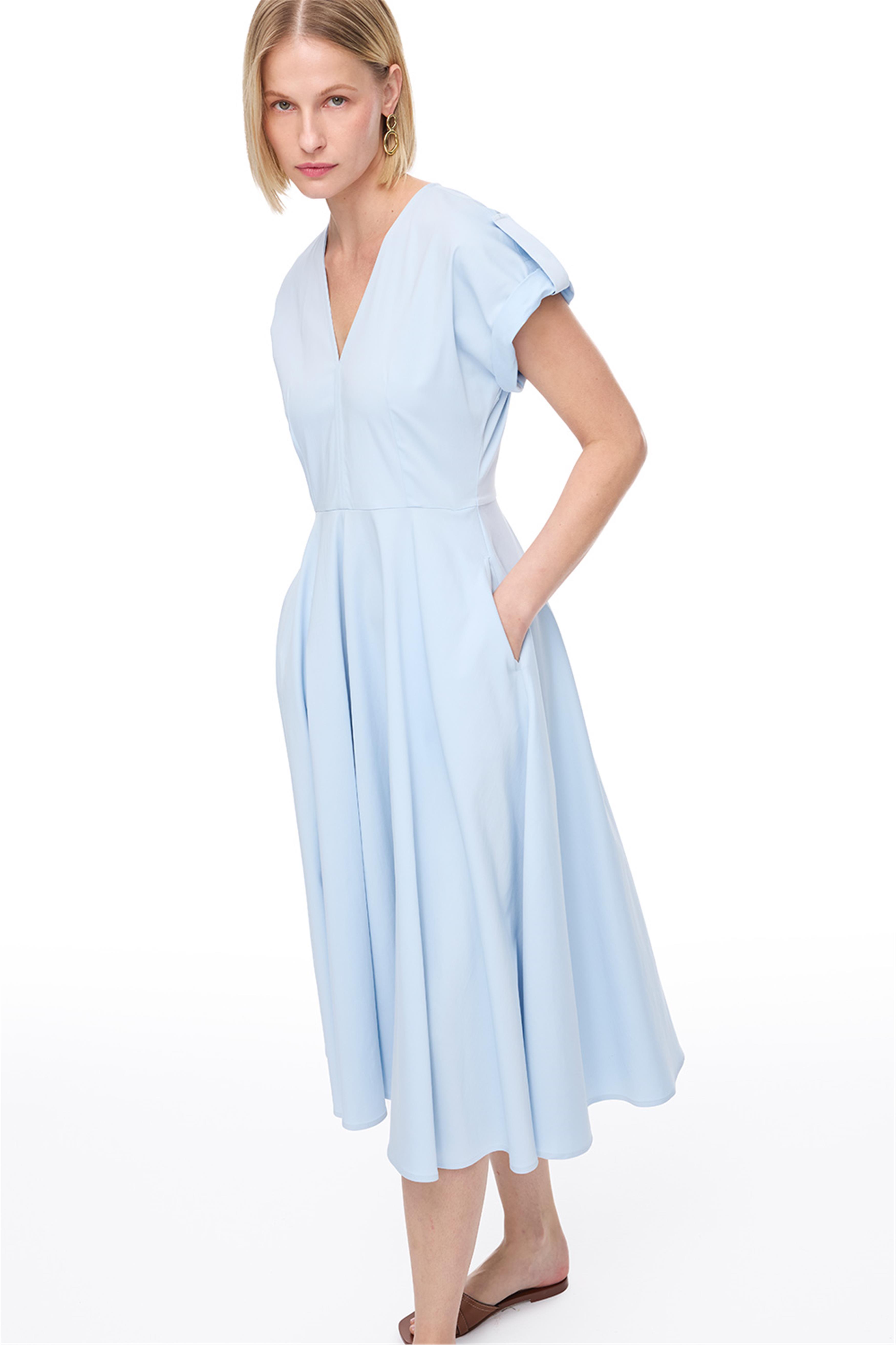 Bebe Mavisi V Yaka Rahat Kalıp Pamuklu Elbise