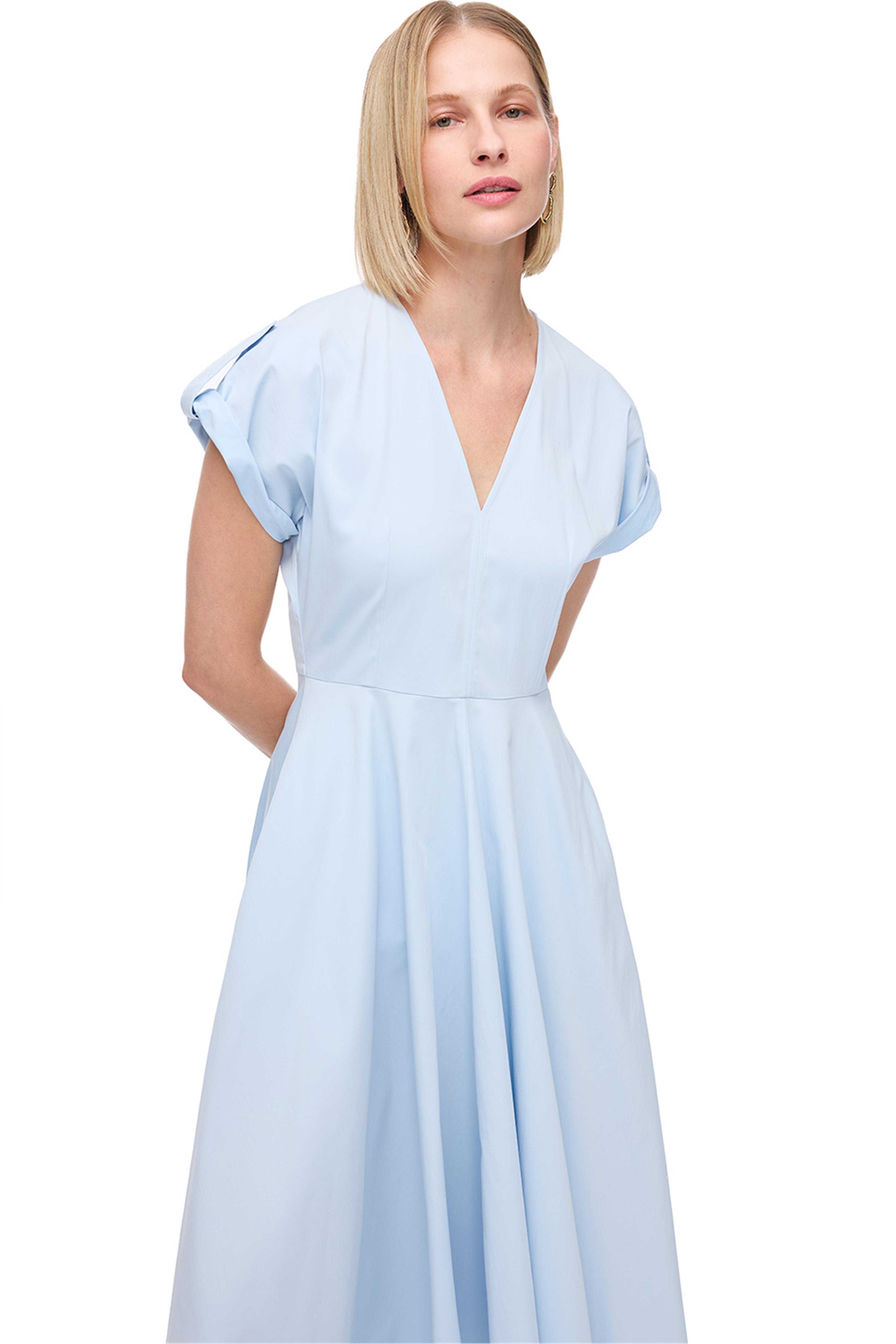 Bebe Mavisi V Yaka Rahat Kalıp Pamuklu Elbise