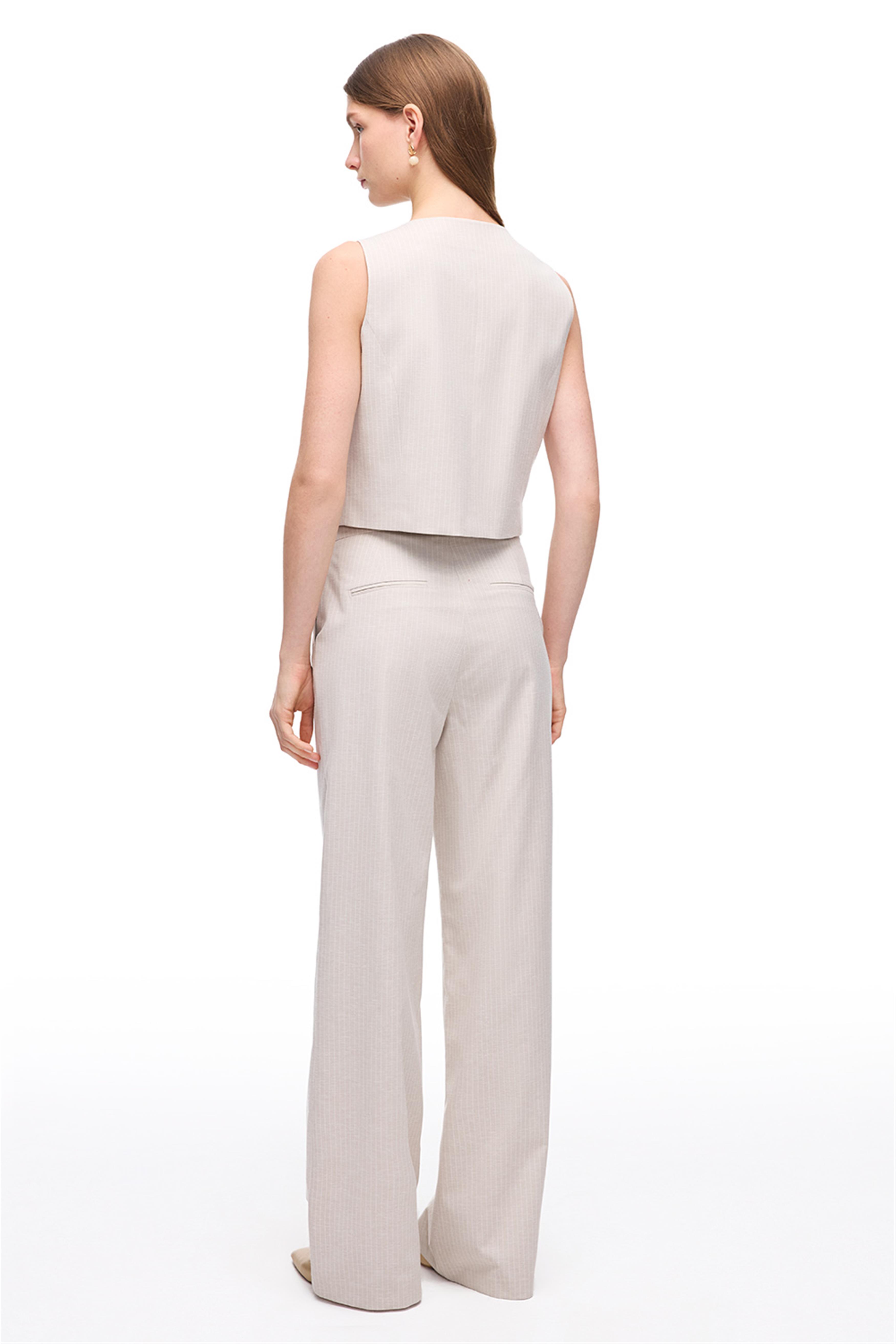 Bej Çizgili Geniş Paça Pantolon