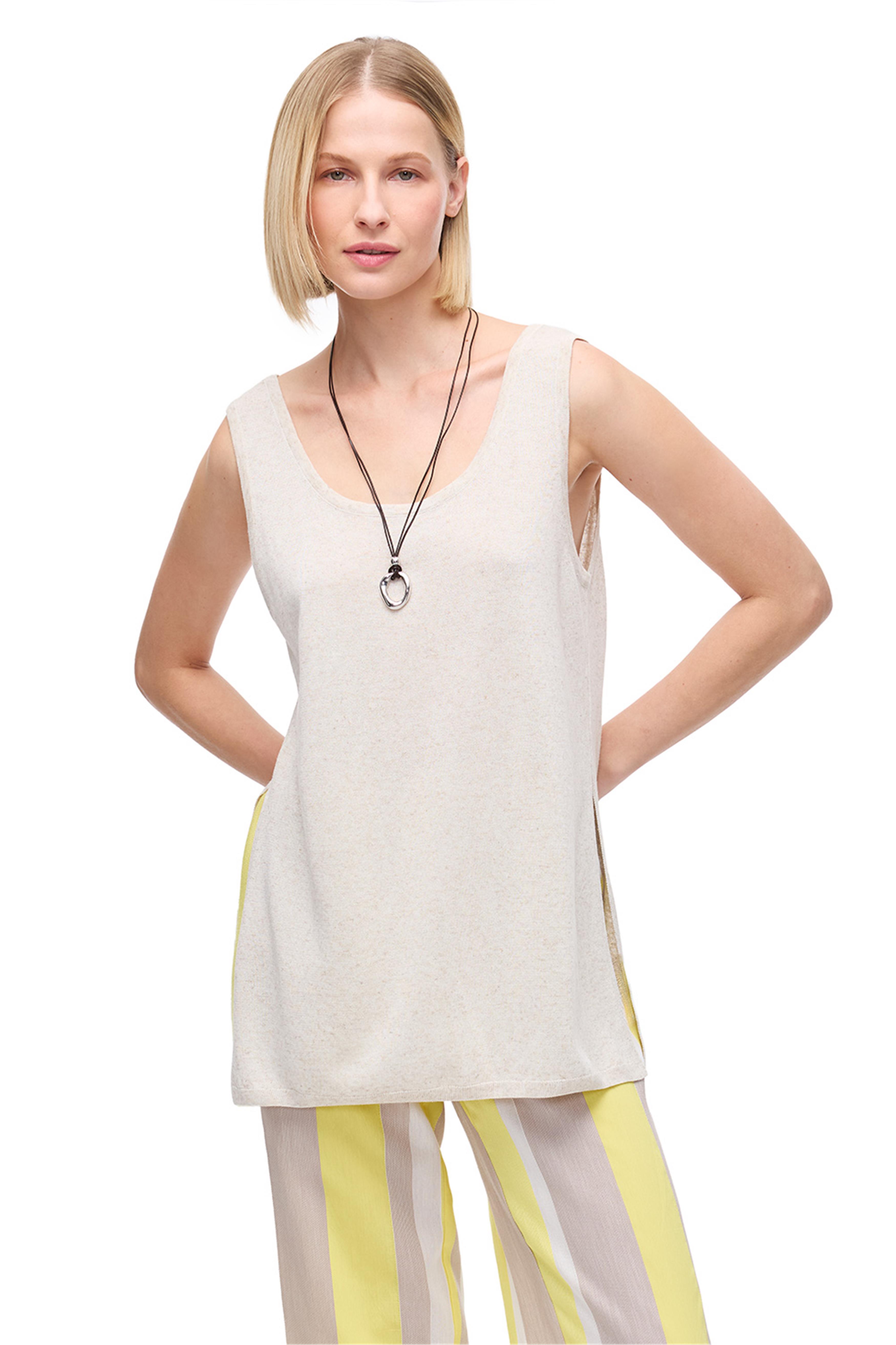 Bej Keten Karışımlı Triko Bluz