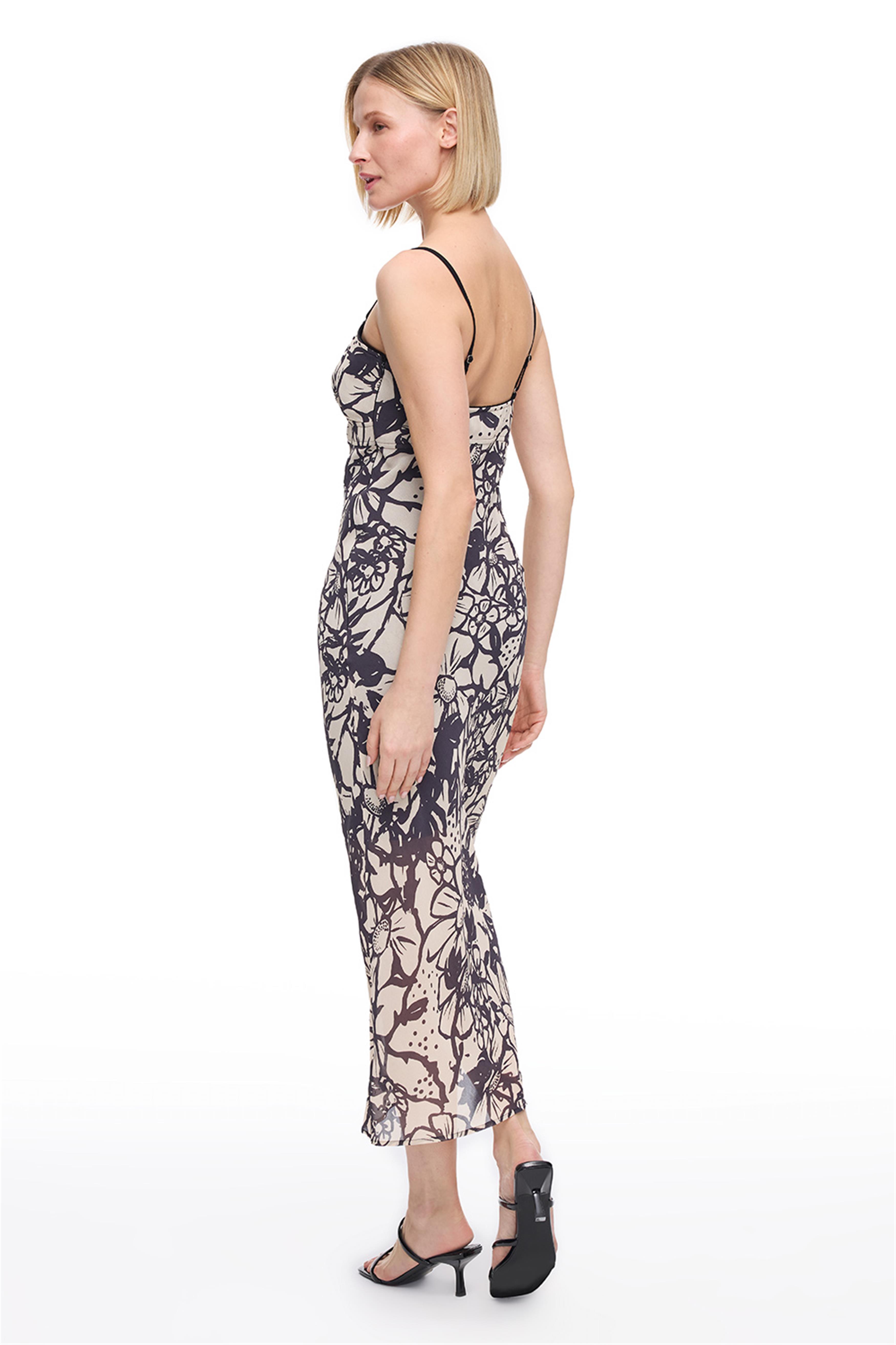 Bej Siyah Çiçek Desenli Maxi Elbise