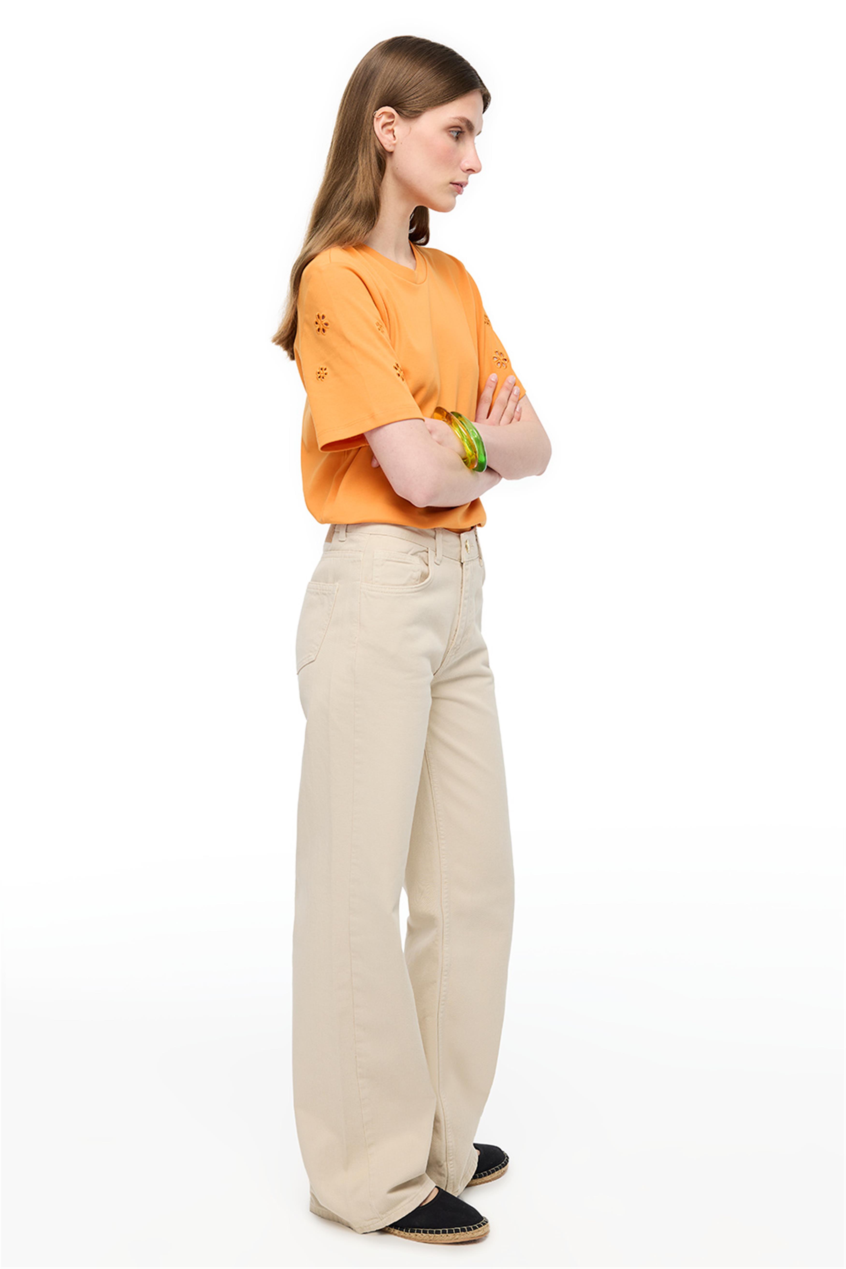 Bej Yüksek Bel Geniş Paça Denim Pantolon