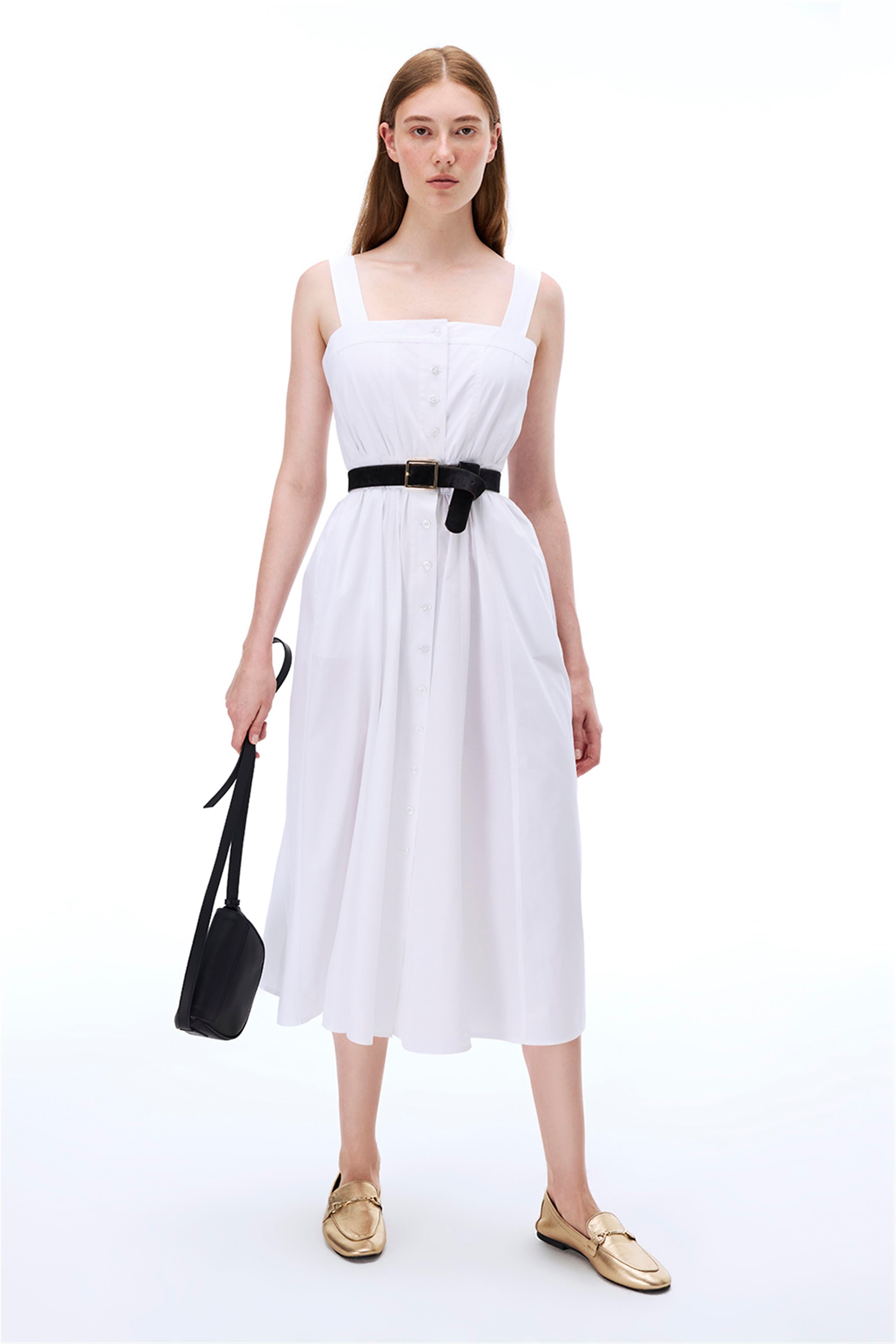 Beyaz %100 Pamuk Askılı Midi Elbise