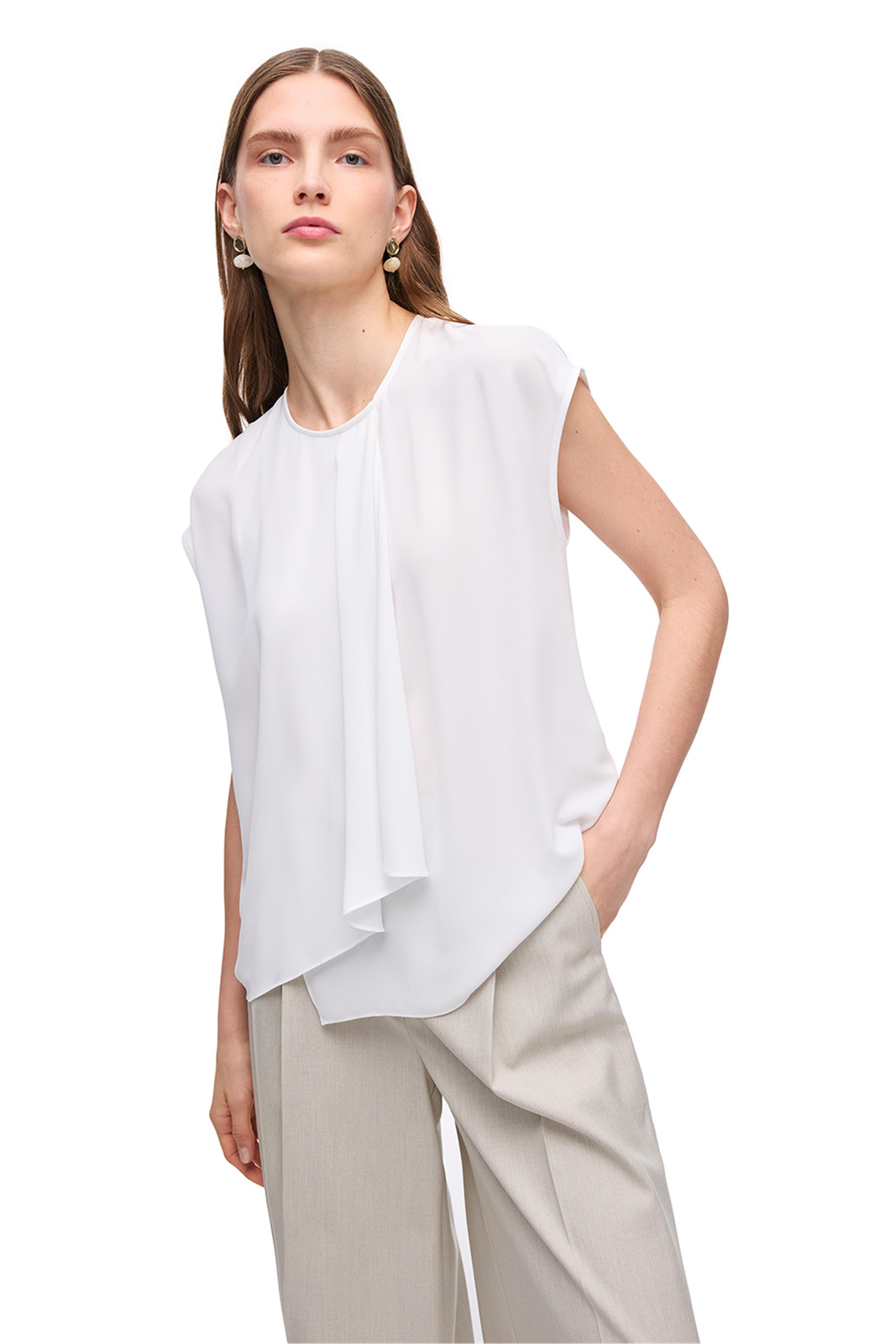 Beyaz Ametist Rahat Kalıp Bisiklet Yaka Bluz