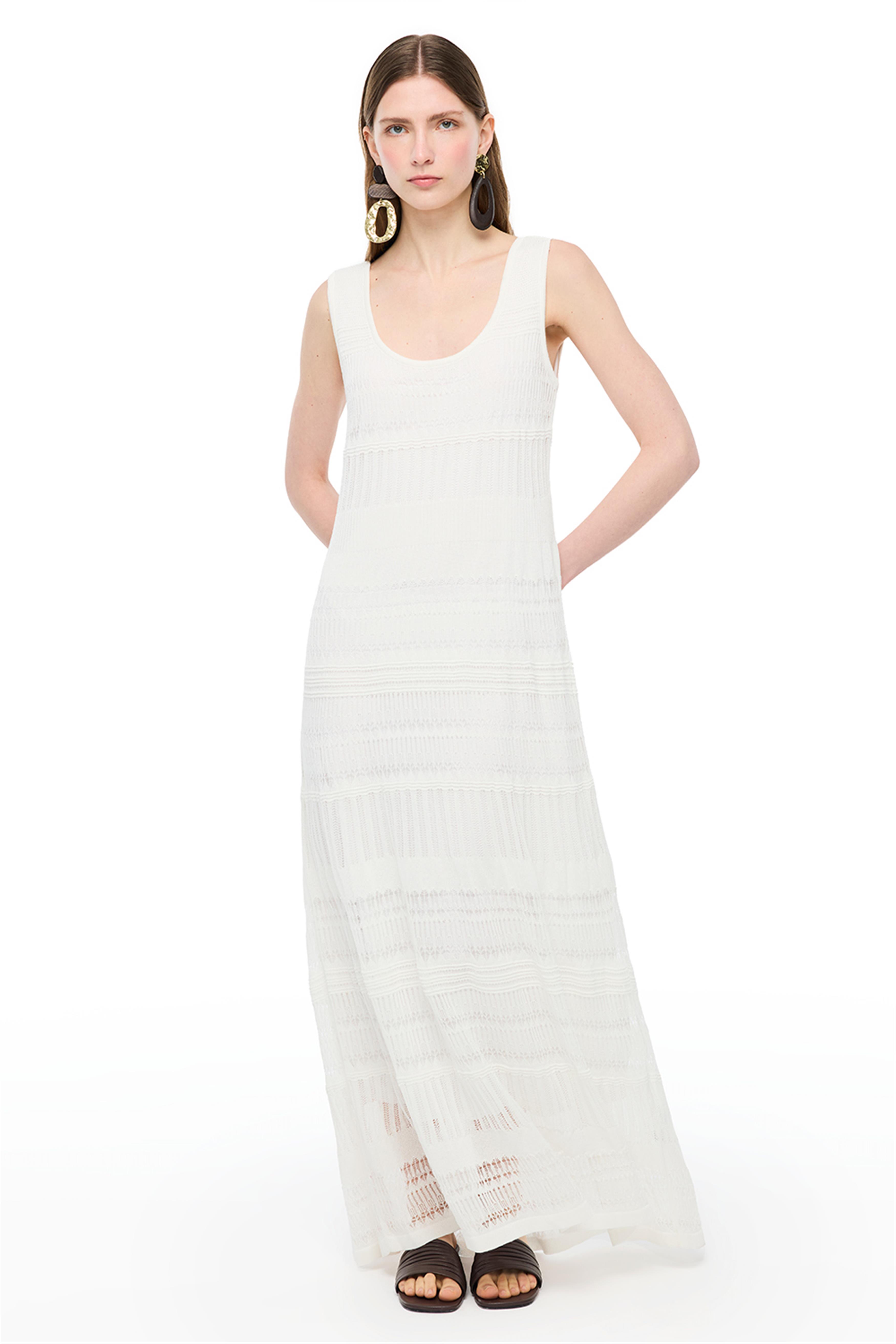 Beyaz Düz Örgü Uzun Triko Elbise