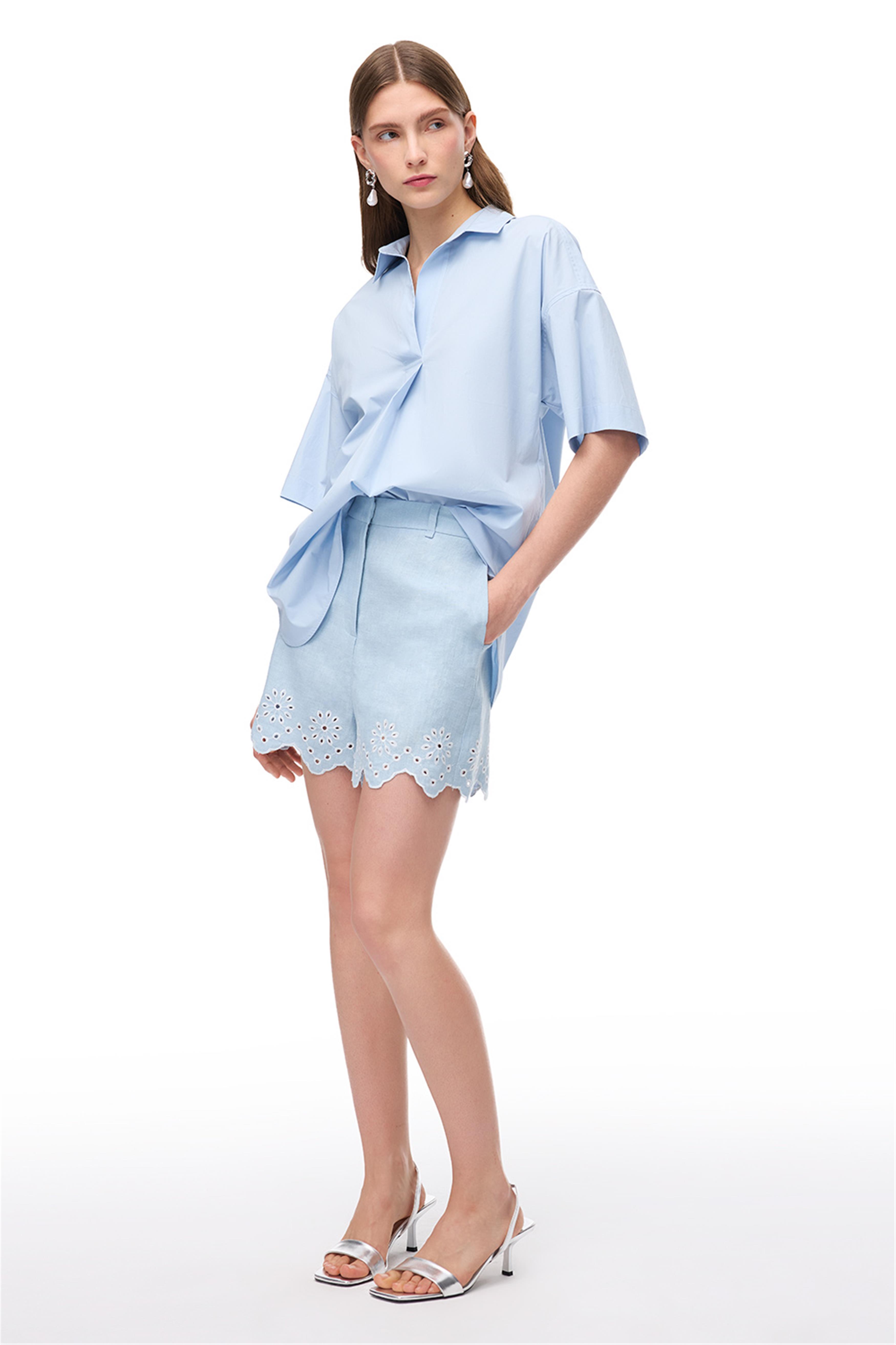 Beyaz Keten İşlemeli Oversize Şort