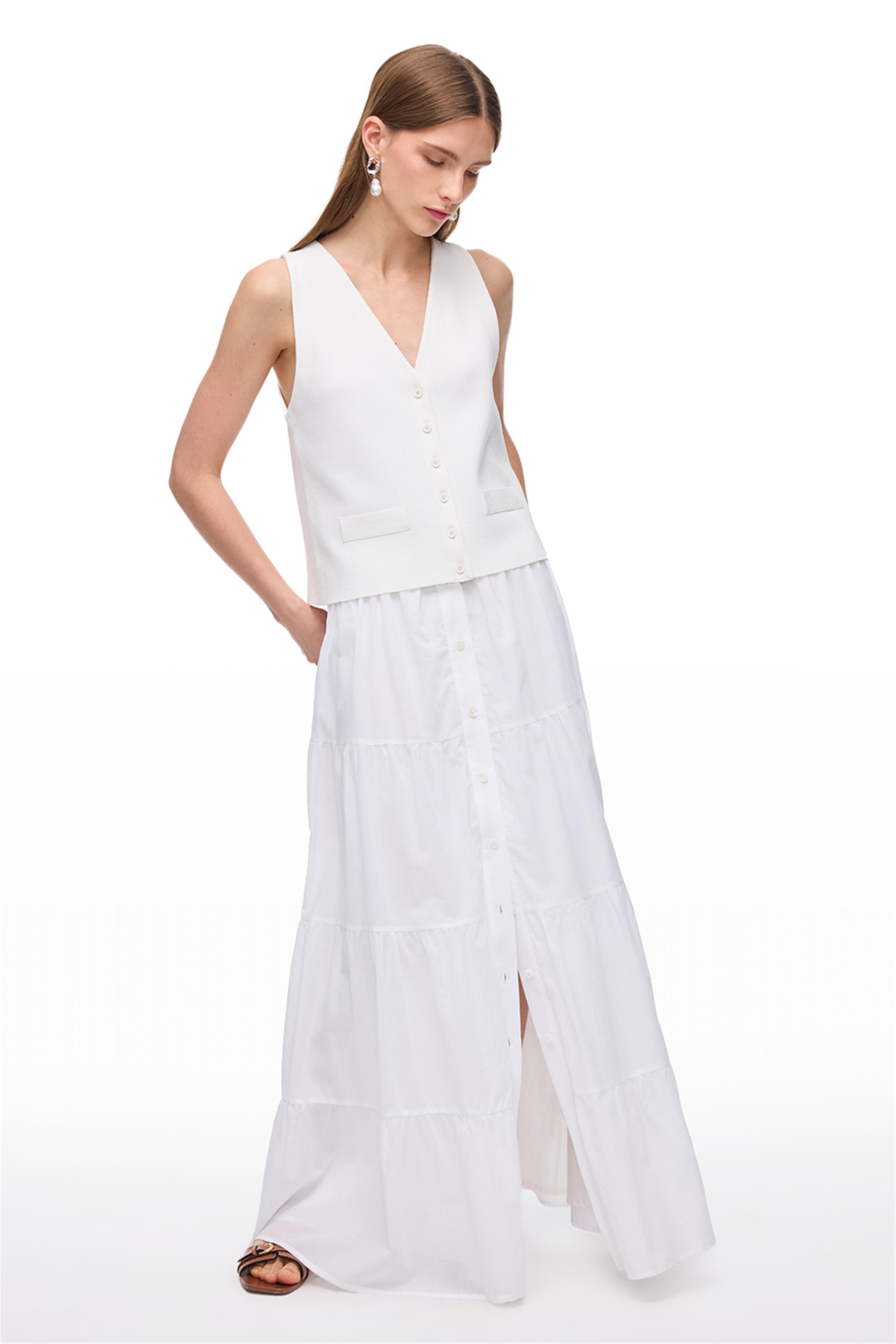 Beyaz Triko Viskon Karışımlı Yelek