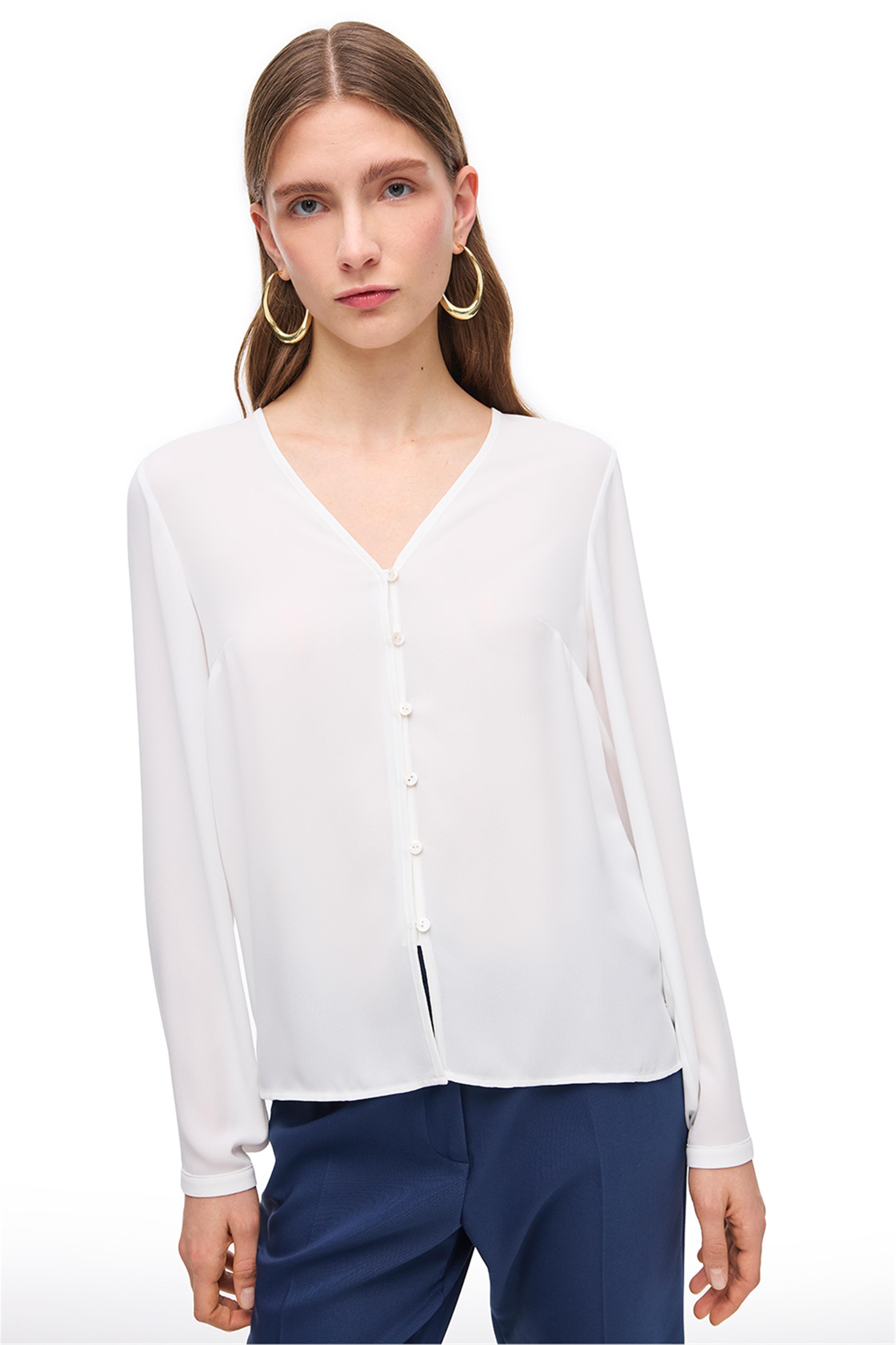 Beyaz Uzun Kollu V-Yaka Bluz