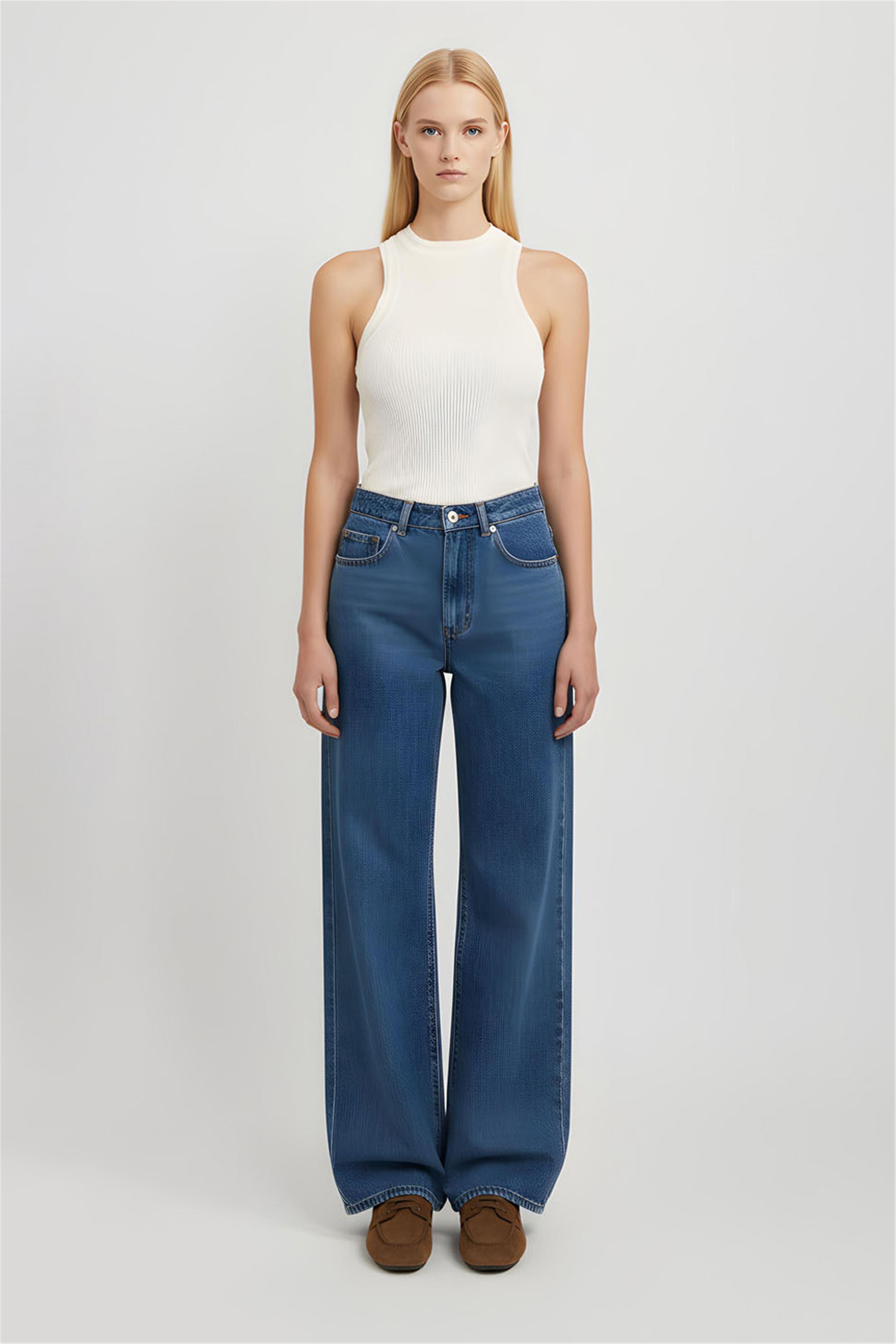 Beyaz Yüksek Bel Geniş Paça Denim Pantolon