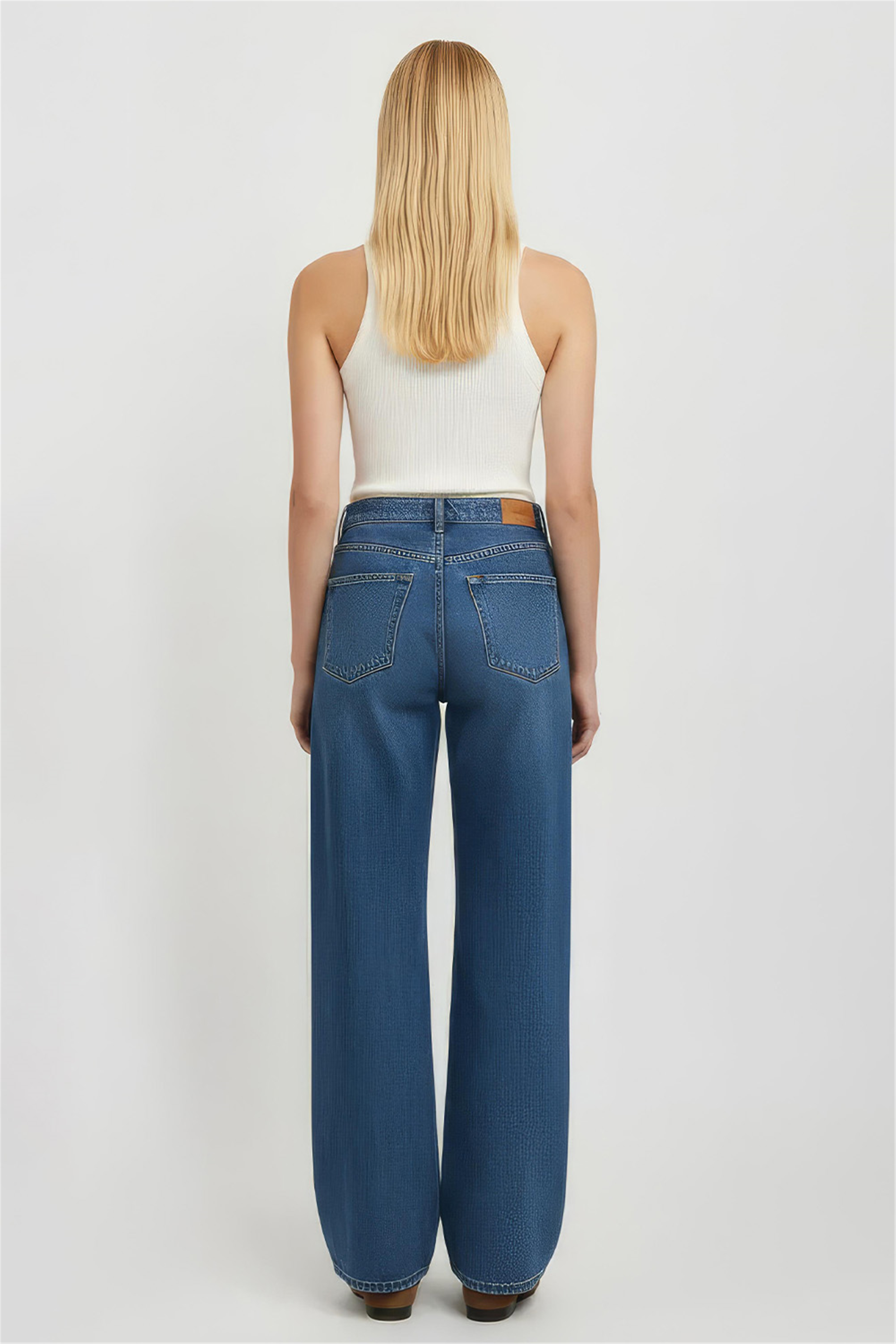 Beyaz Yüksek Bel Geniş Paça Denim Pantolon