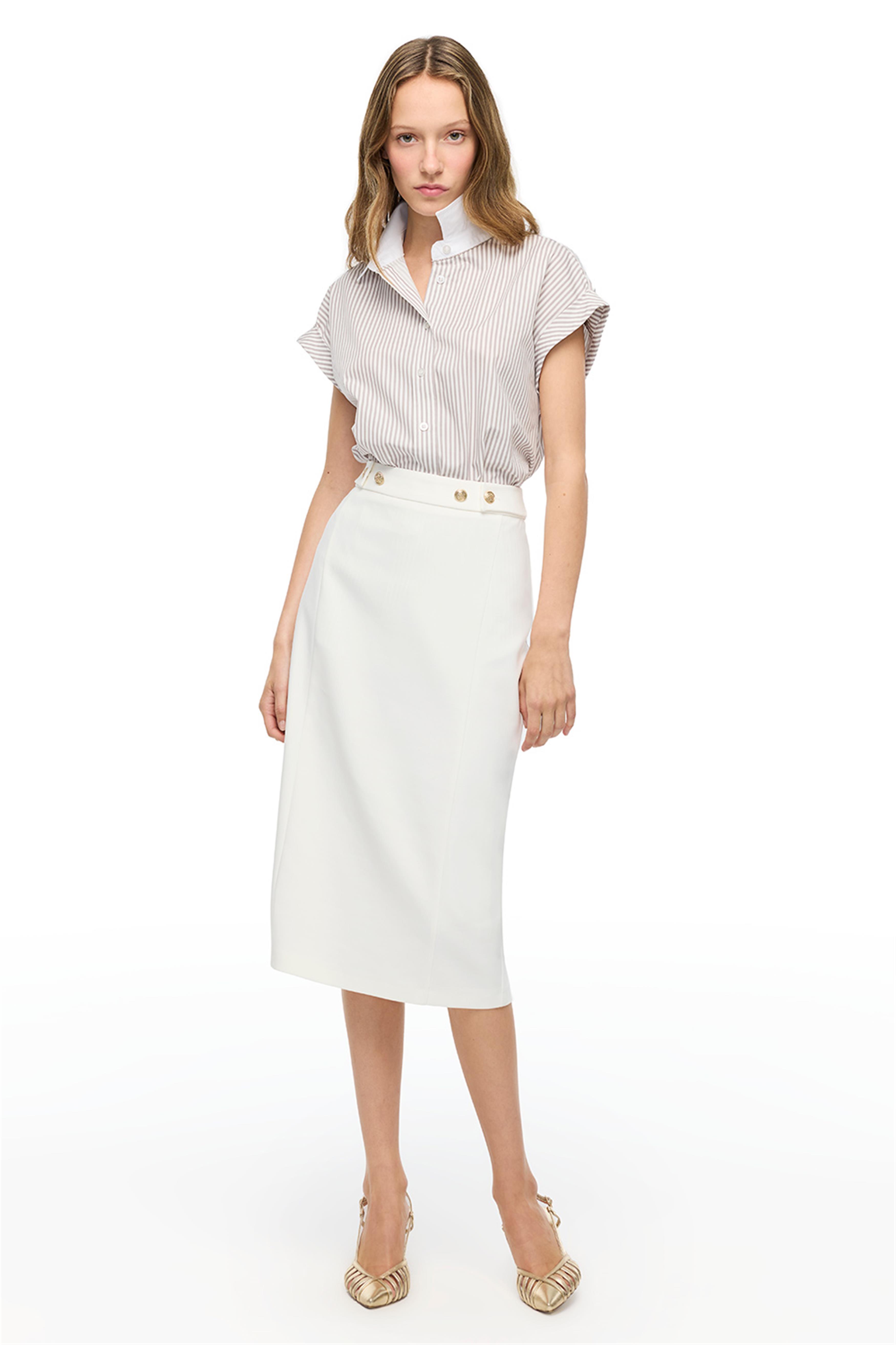 Beyaz Yüksek Bel Kalem Etek