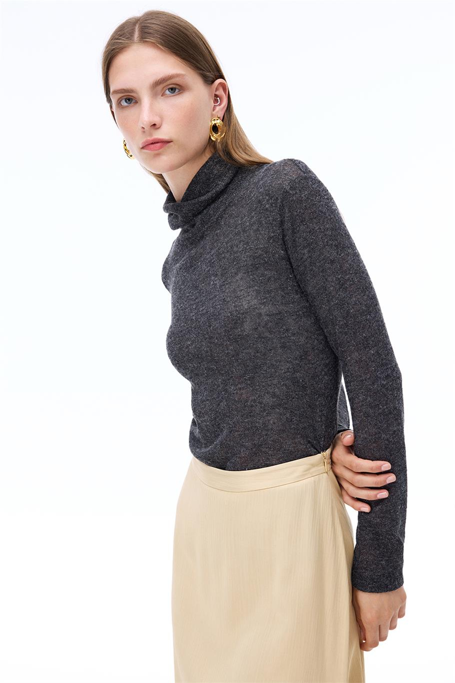 Bonnie Slim Fit Standart Boy Takma Kol Balıkçı Yaka Antrasit Bluz