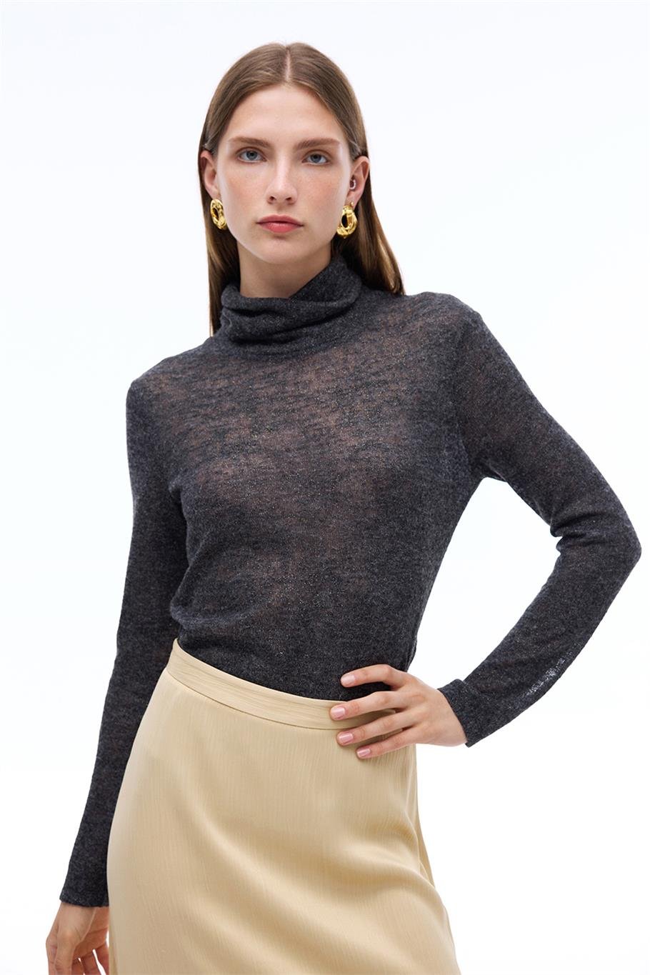 Bonnie Slim Fit Standart Boy Takma Kol Balıkçı Yaka Antrasit Bluz