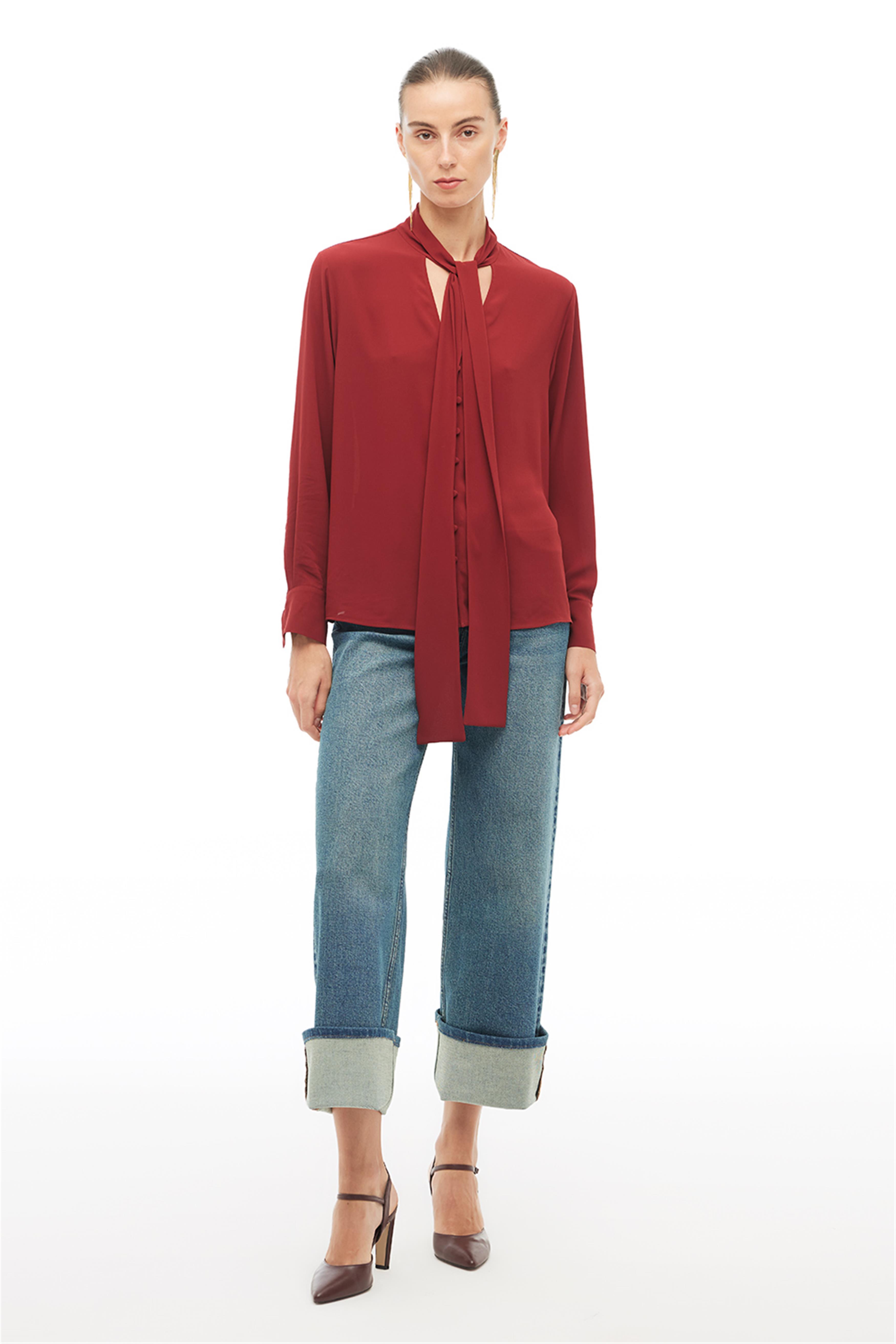 Bordo Bağlama Yaka Bluz