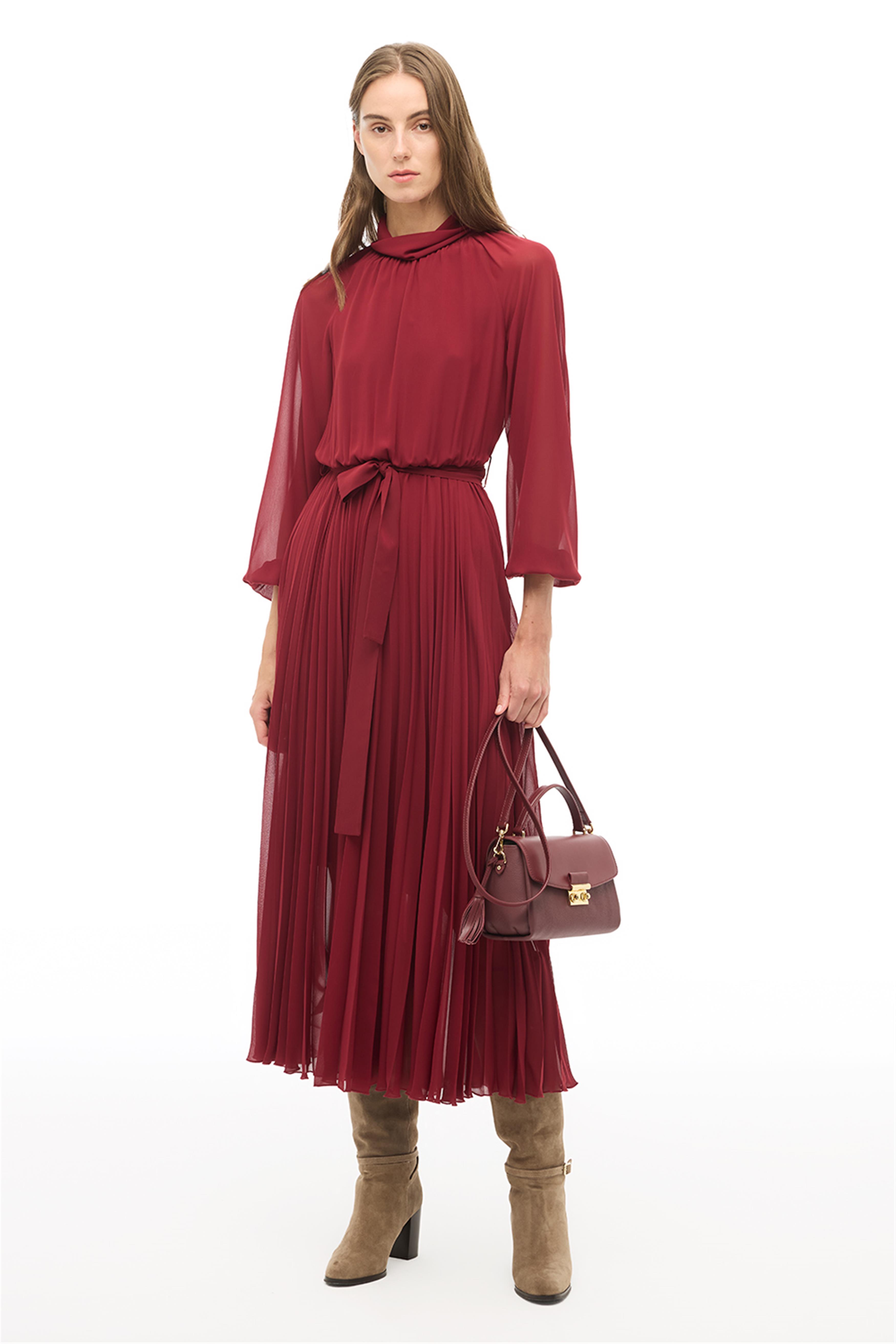 Bordo Balıkçı Yaka Bilek Boy Elbise