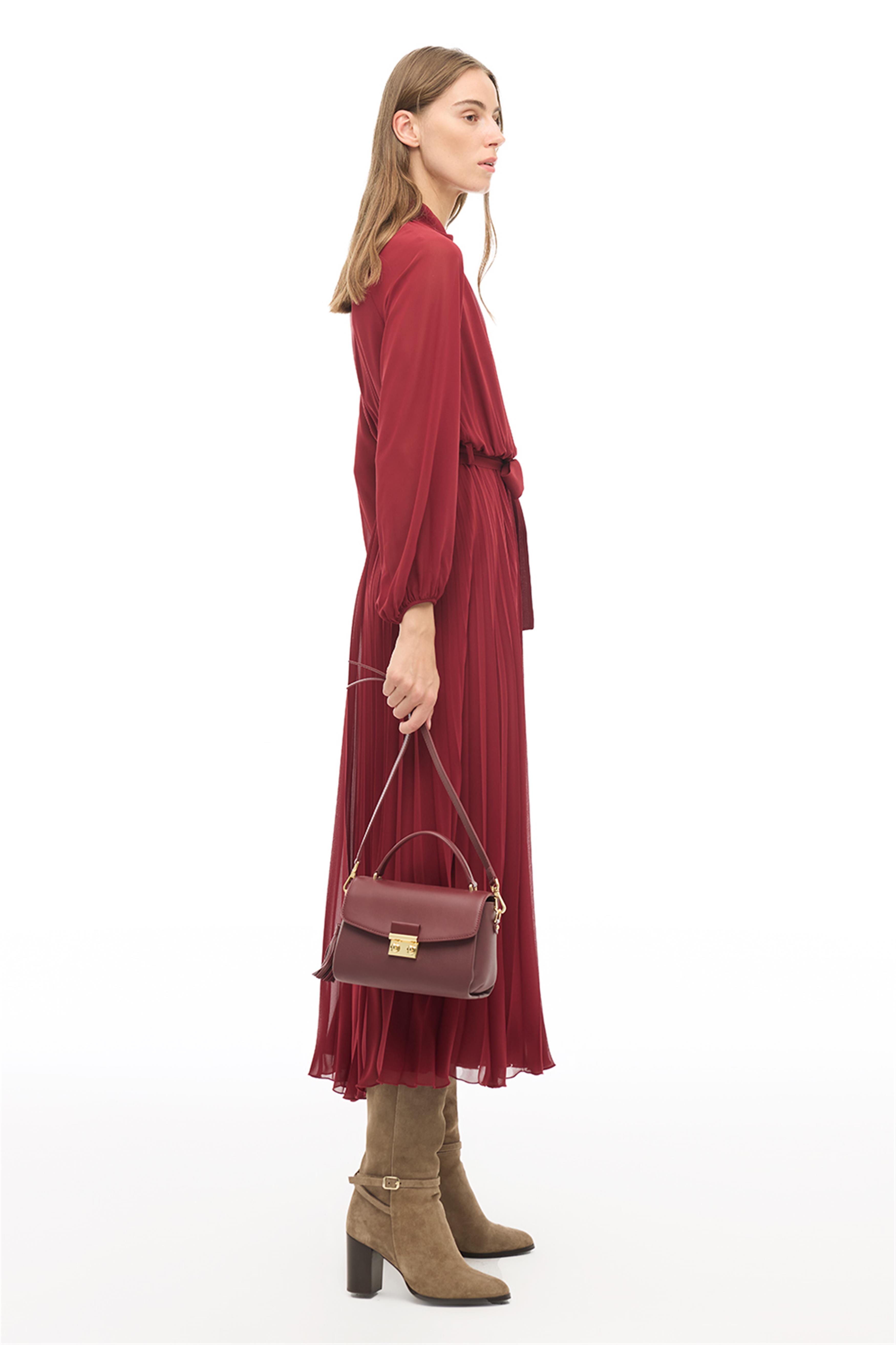 Bordo Balıkçı Yaka Bilek Boy Elbise