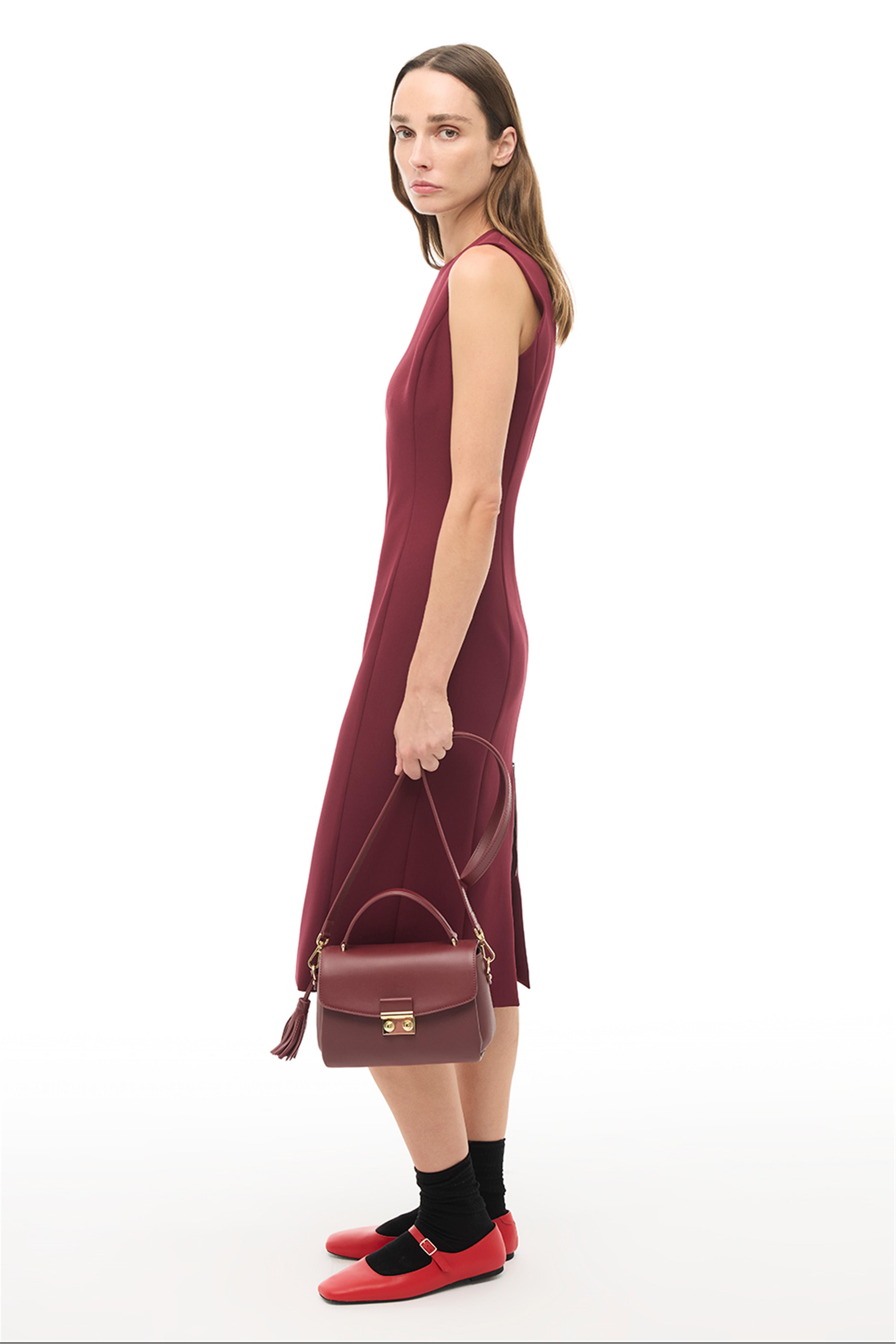 Bordo Bisiklet Yaka Diz Altı Elbise