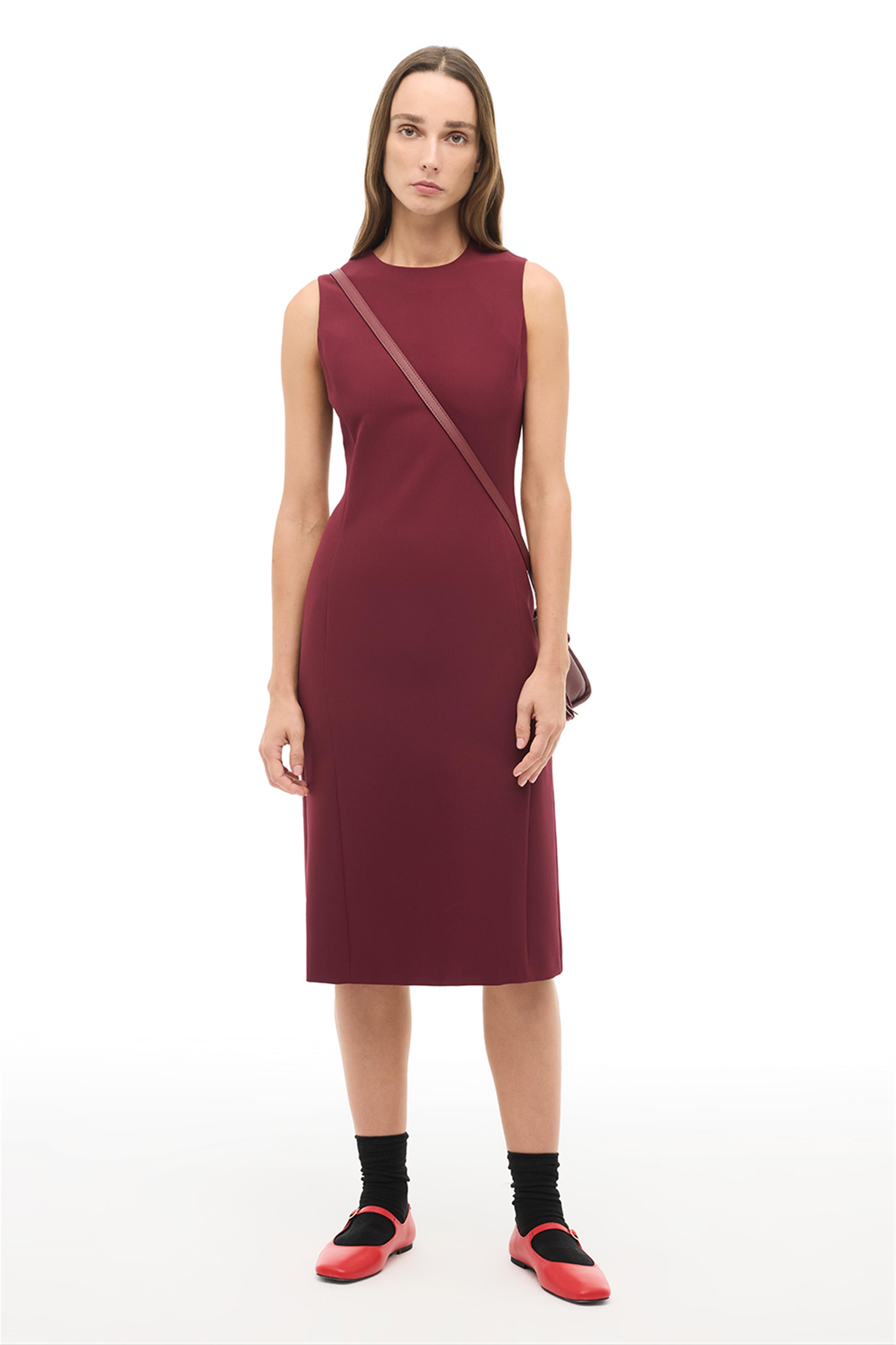 Bordo Bisiklet Yaka Diz Altı Elbise