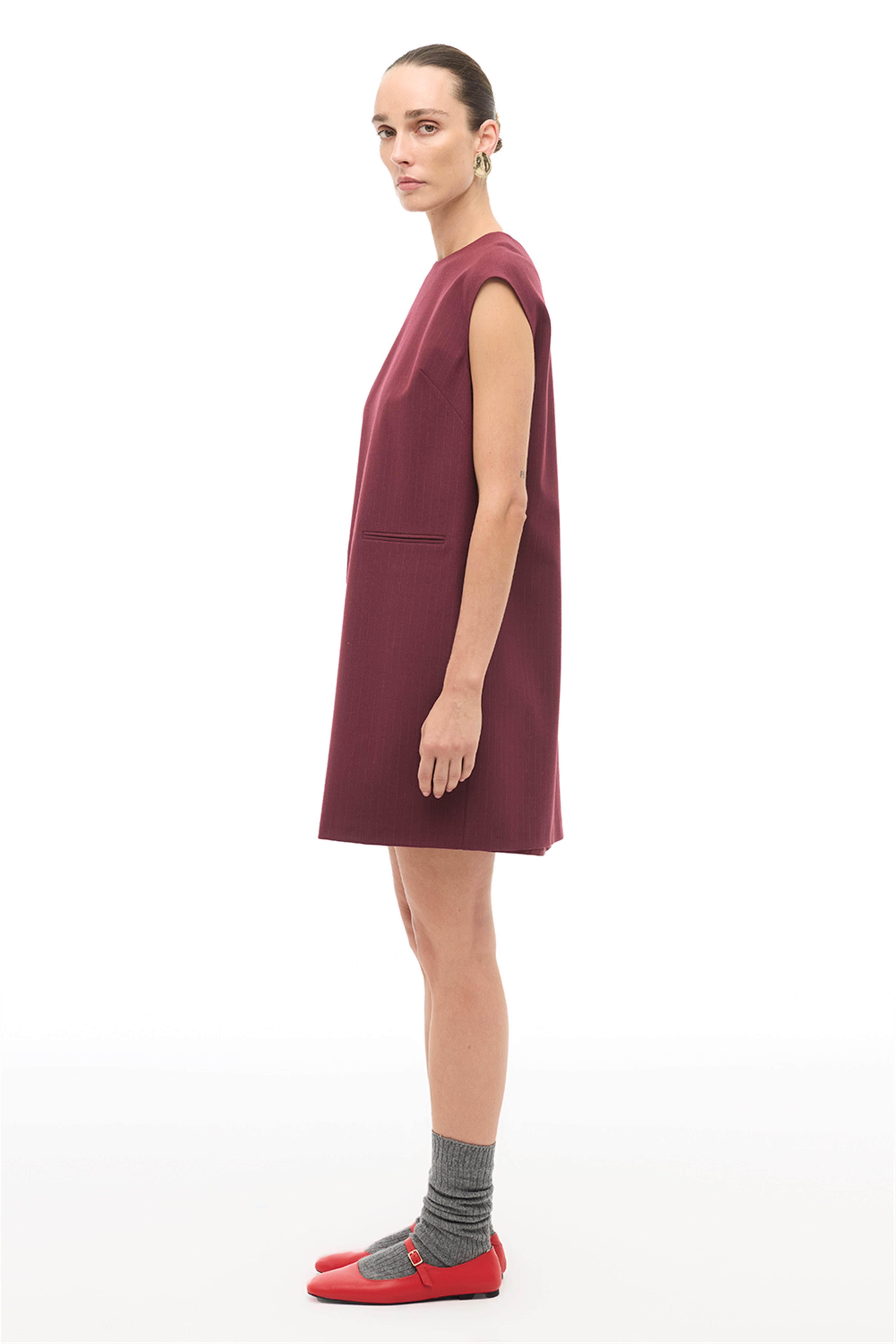 Bordo Çizgili Slim Fit Midi Elbise