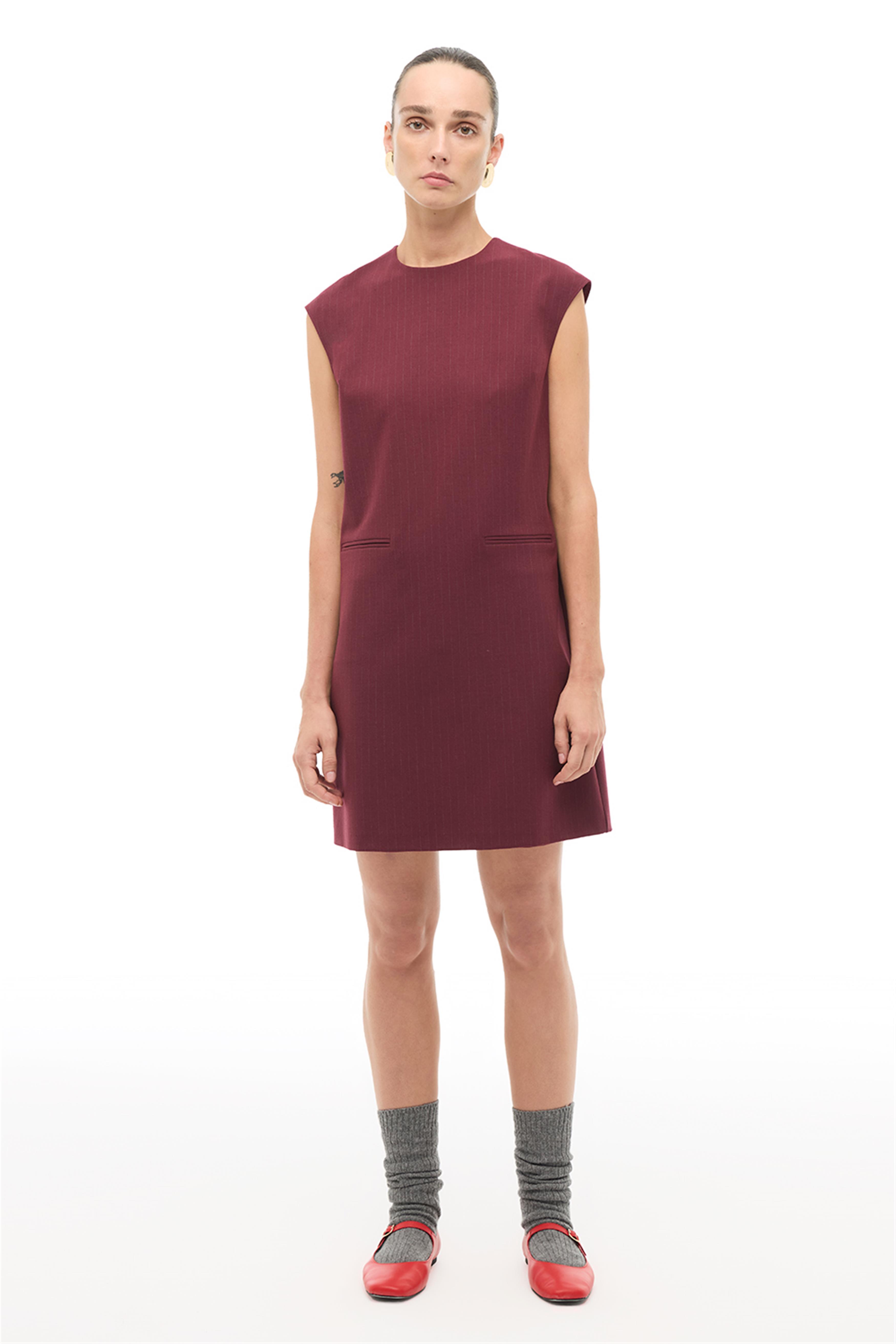 Bordo Çizgili Slim Fit Midi Elbise