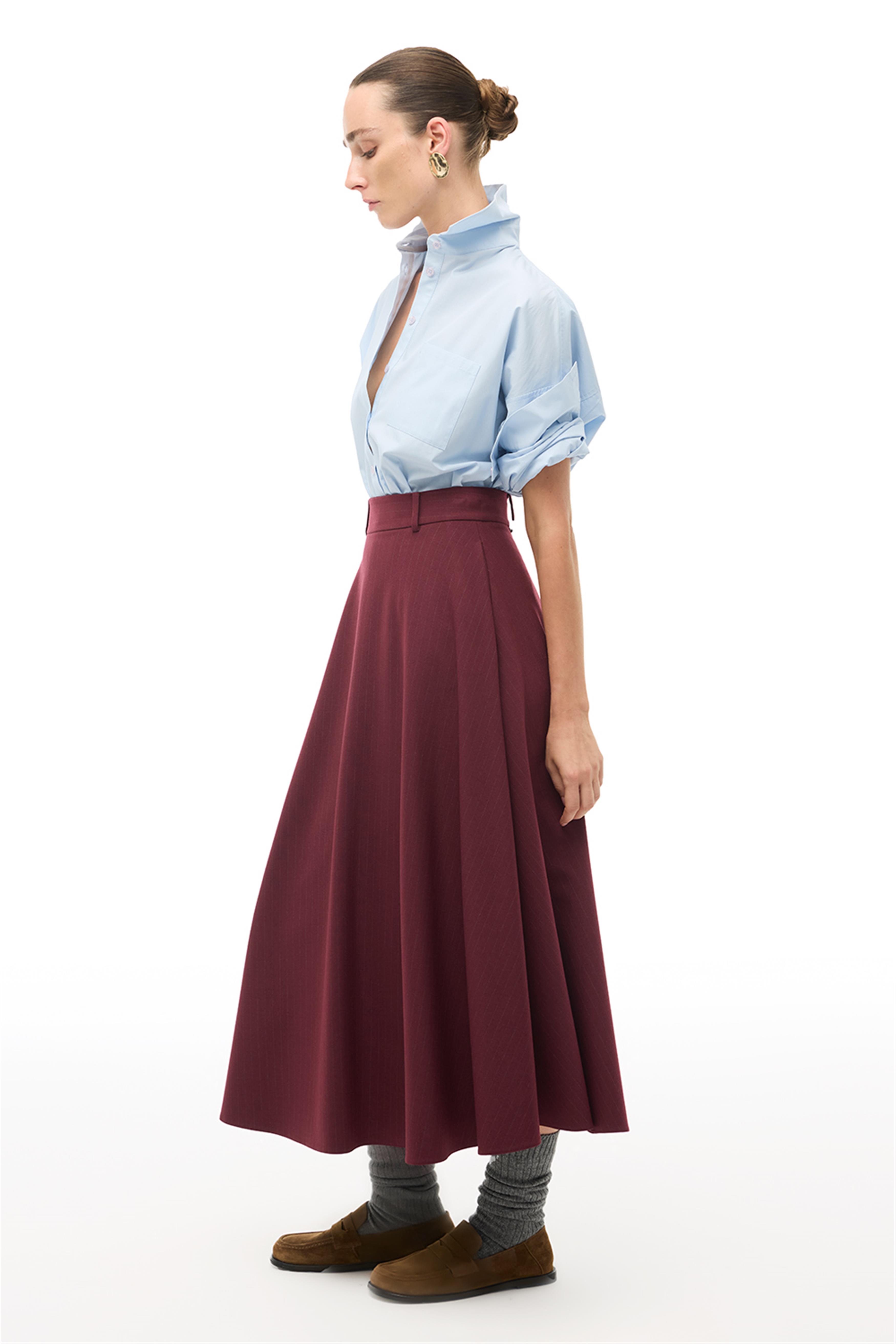 Bordo Yüksek Bel Çizgili Bilek Boy Etek