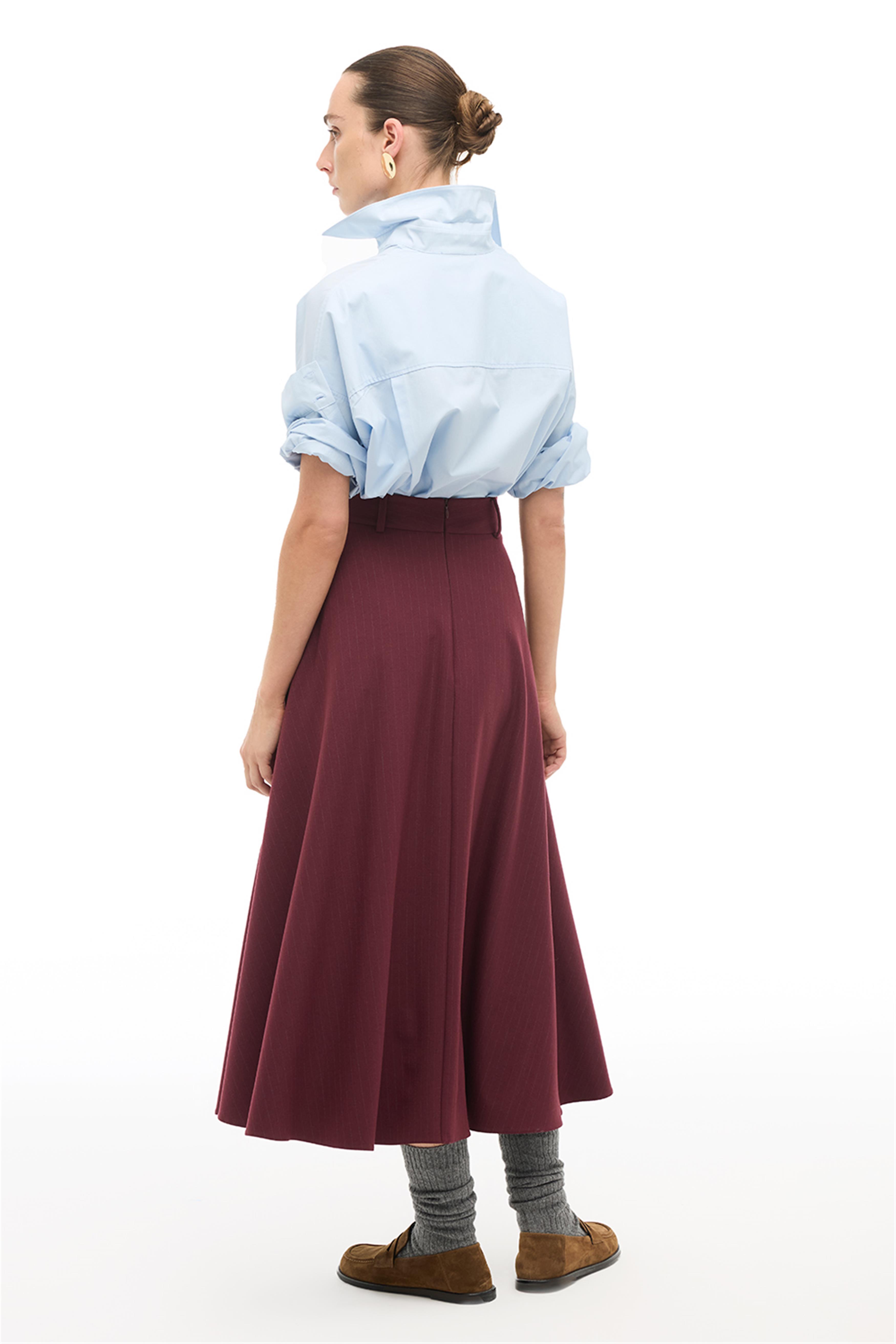 Bordo Yüksek Bel Çizgili Bilek Boy Etek