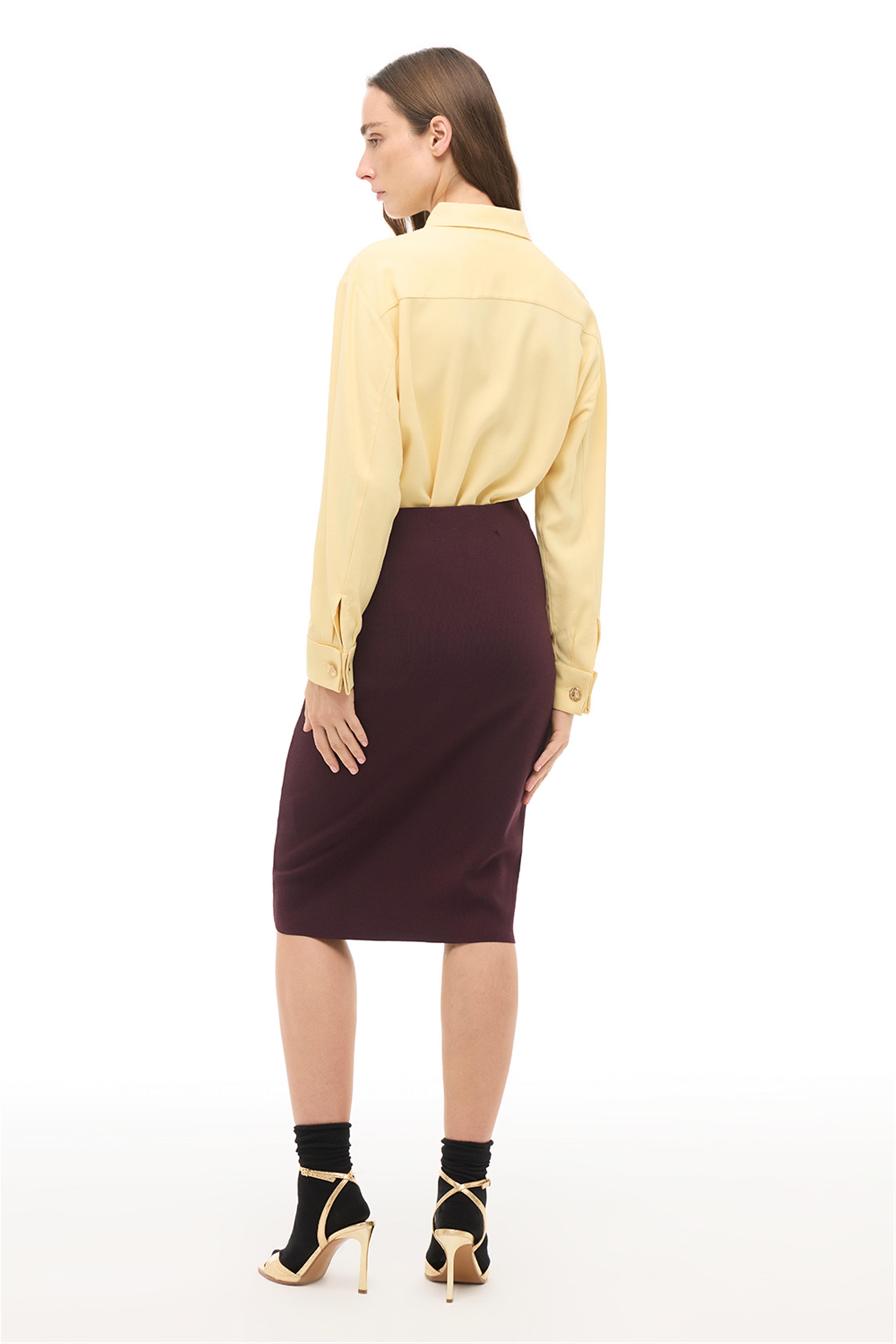 Bordo Yüksek Bel Diz Boy Triko Etek