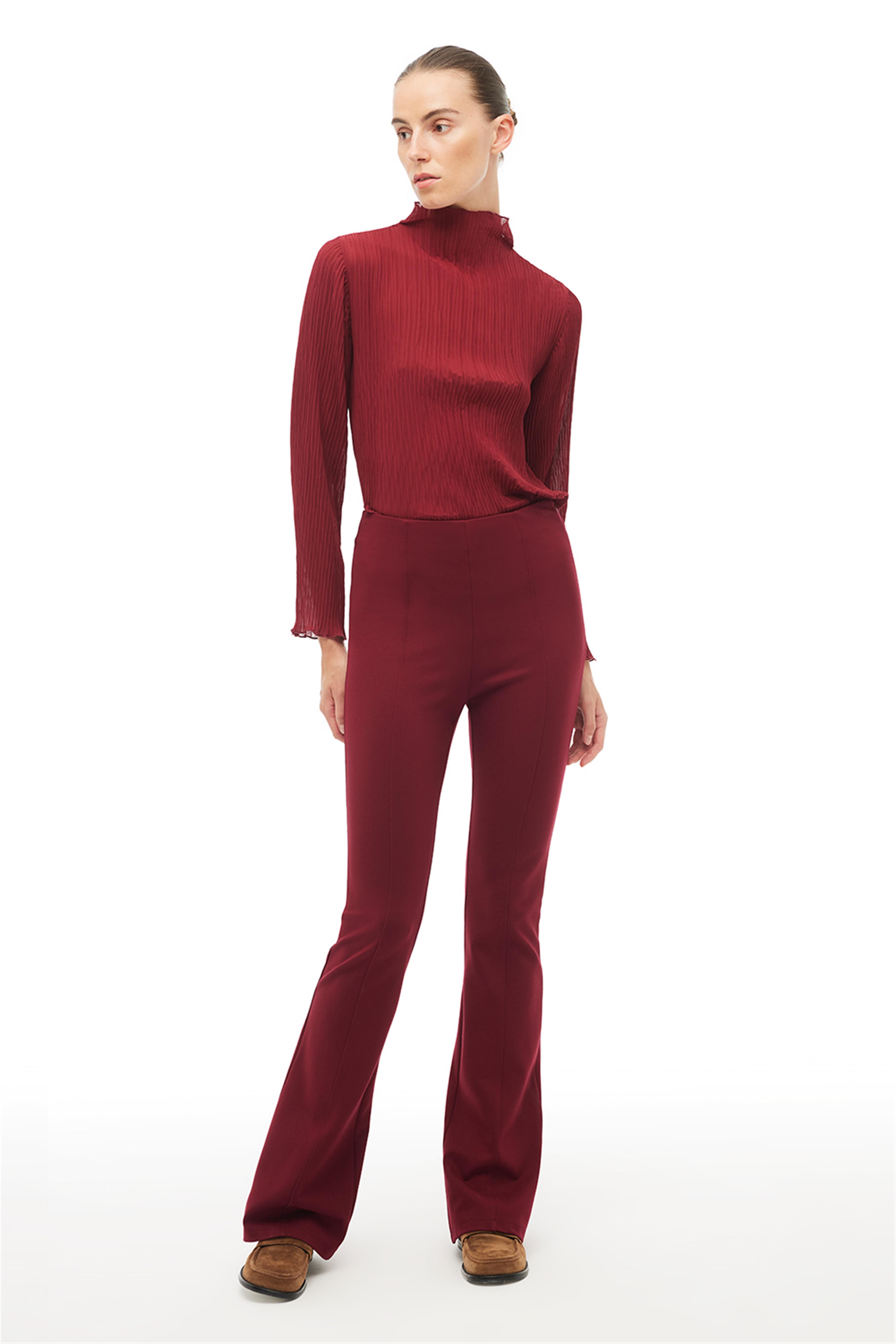 Bordo Yüksek Bel Slim Fit Geniş Paça Pantolon