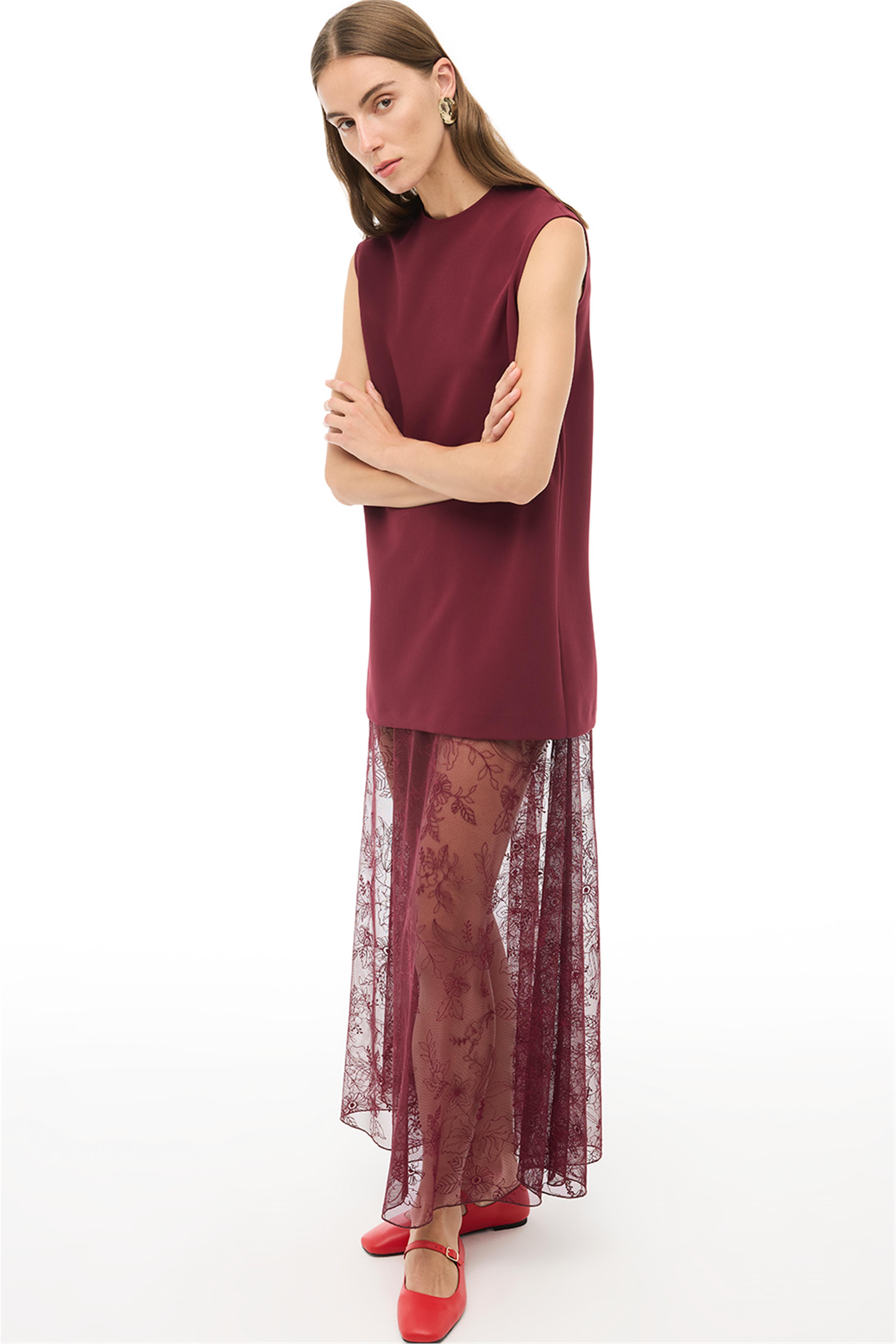 Bordo Yuvarlak Yaka Uzun Elbise