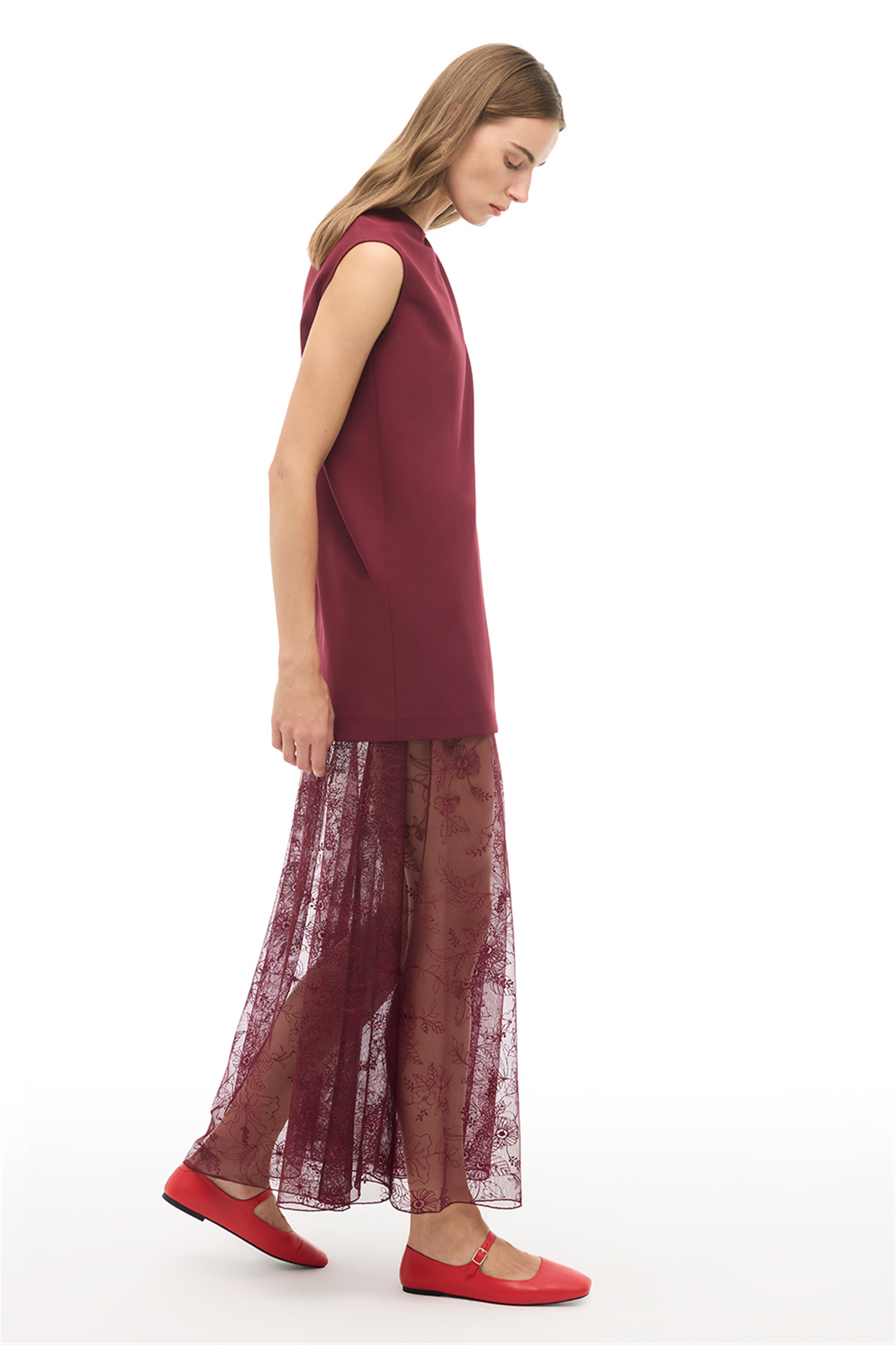 Bordo Yuvarlak Yaka Uzun Elbise