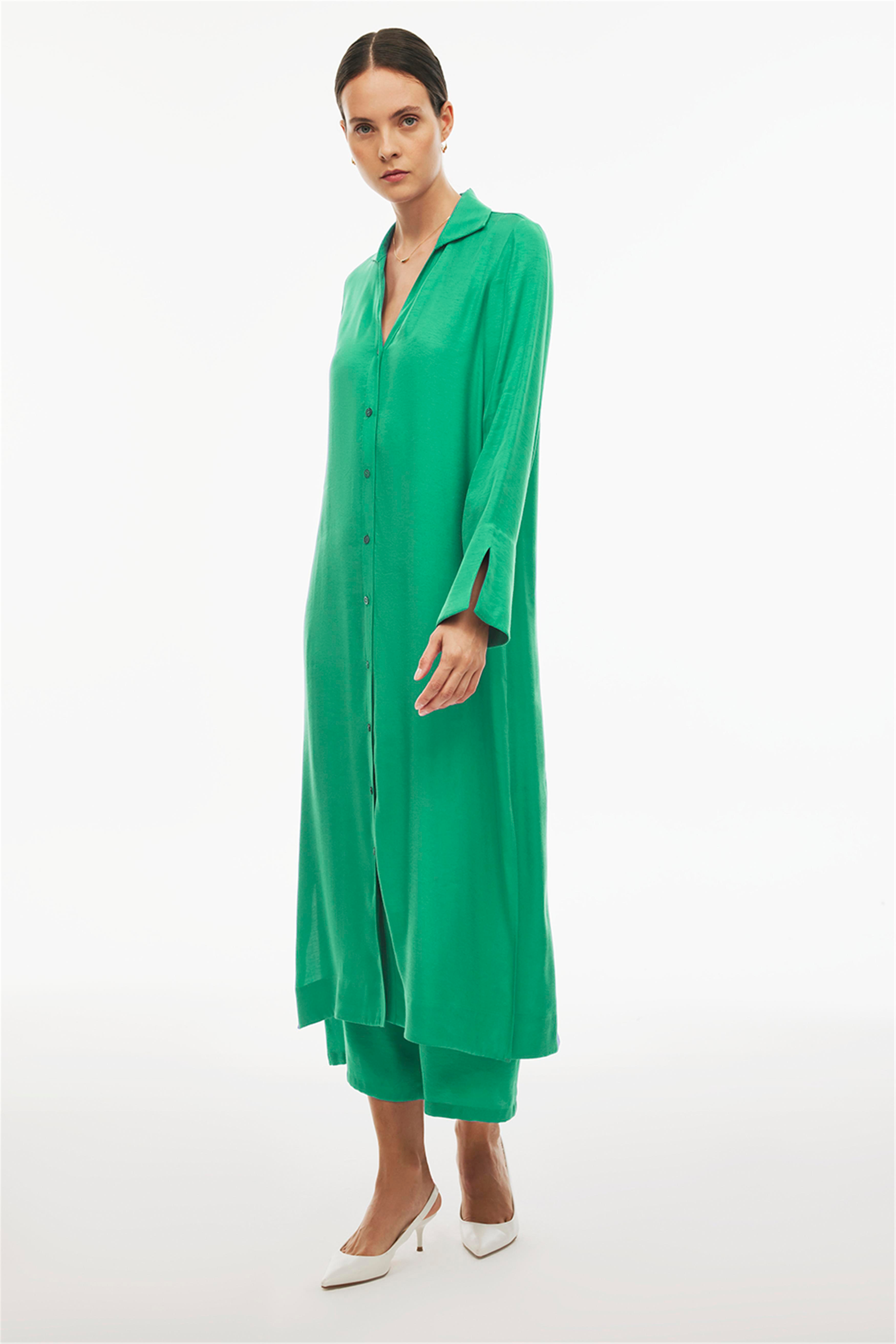 Caels Regular Fit Uzun Boy Takma Kol Gömlek Yaka Mint Renk Tunik