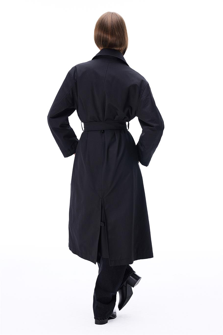 Capellas Regular Fit Uzun Boy Düşük Kollu Erkek Yaka Siyah Trençkot