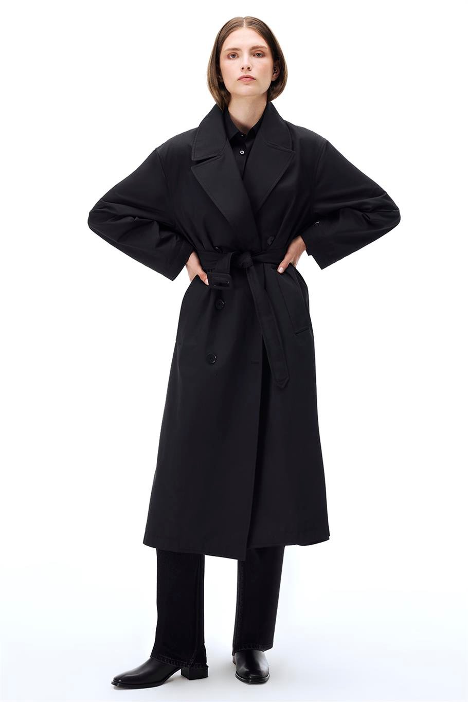 Capellas Regular Fit Uzun Boy Düşük Kollu Erkek Yaka Siyah Trençkot