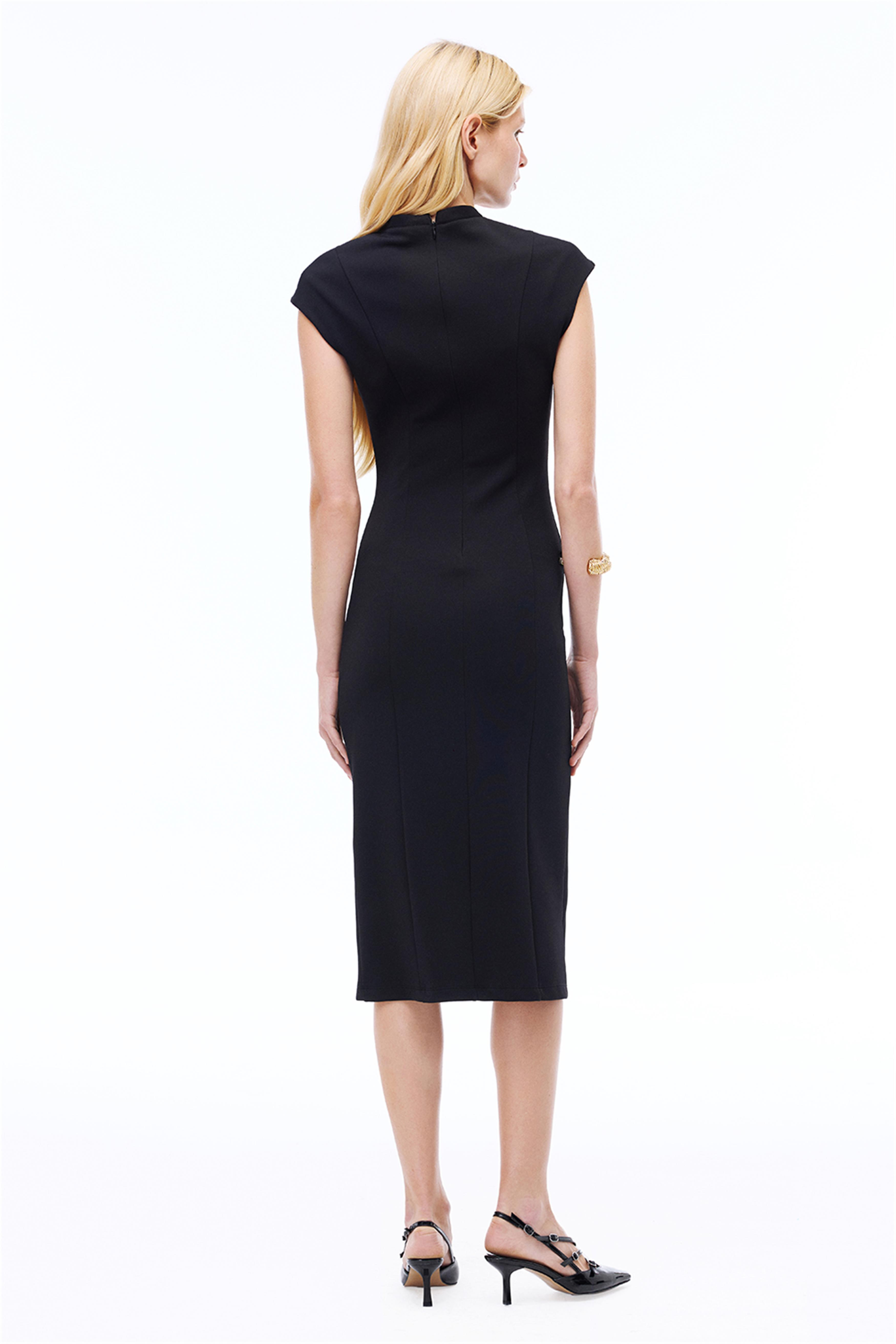 Carmins Slim Fit Mini Boy Takma Kol Asimetrik Yaka Siyah Elbise