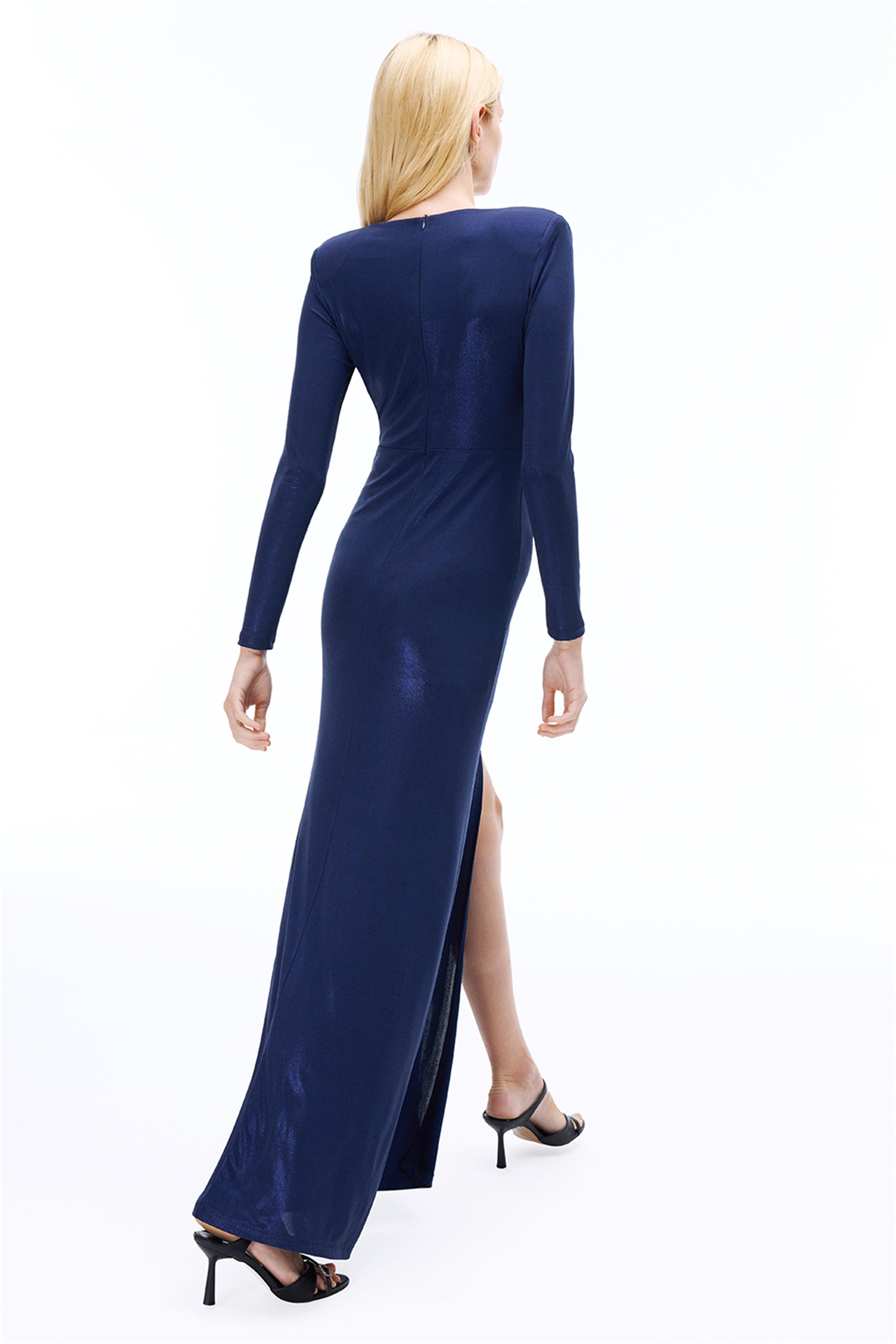 Charms Slim Fit Maxi Boy Takma Kol Kruvaze Lacivert Elbise