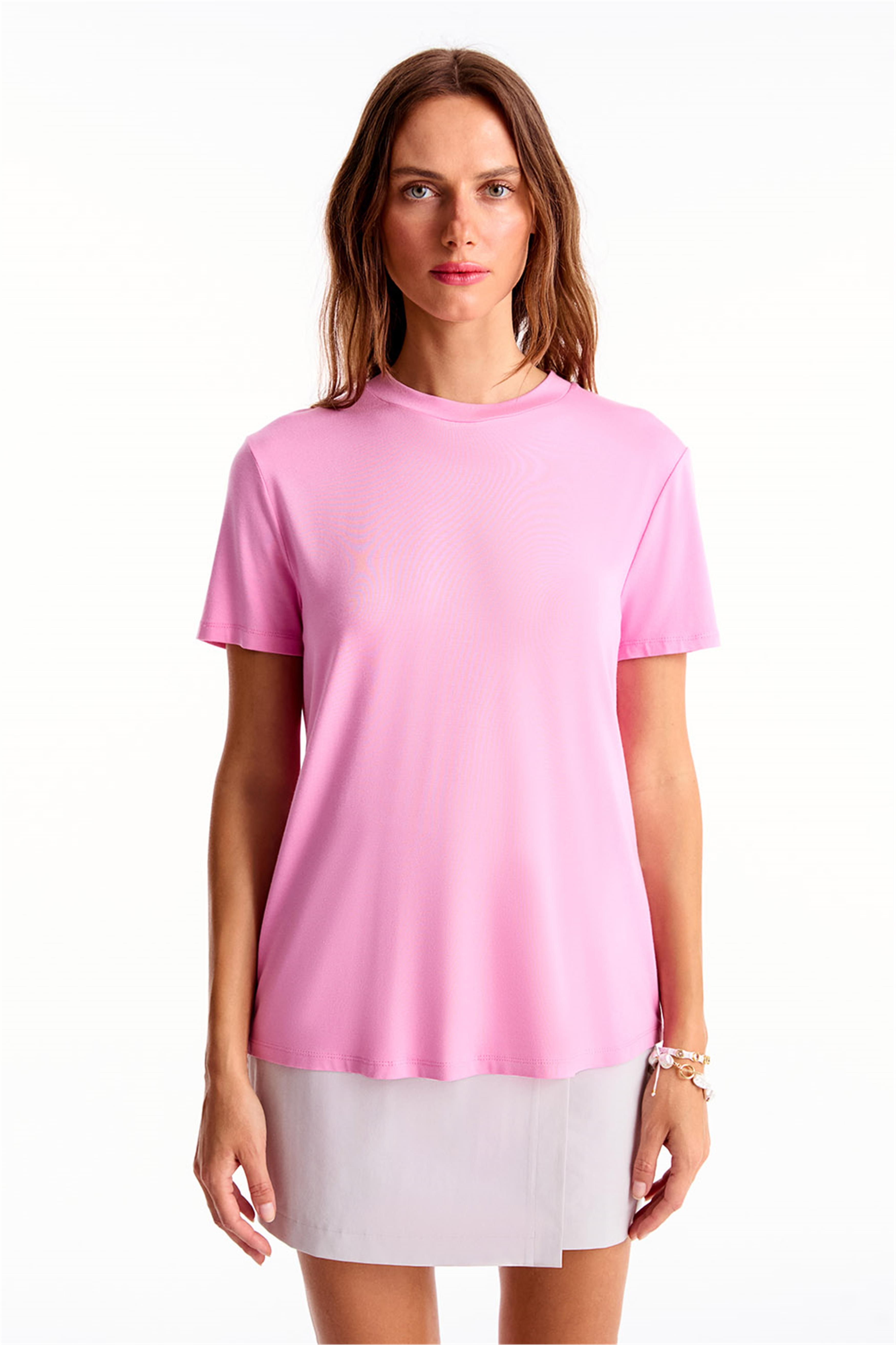 Chuns Pembe Renk Regular Fit Bisiklet Yaka Takma Kol Tişört