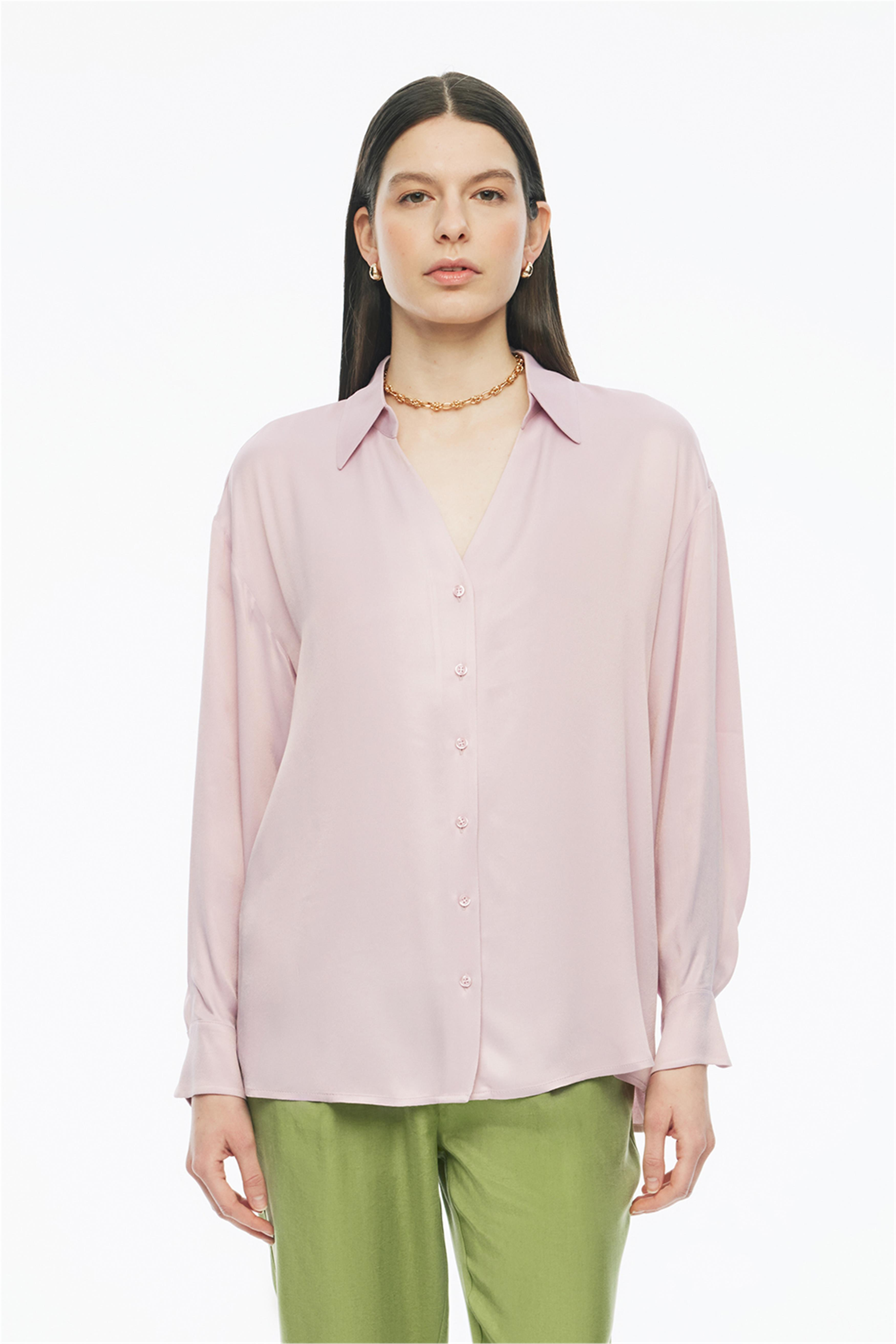 Clarys Regular Fit Standart Boy Takma Kol V-Yaka Pembe Renk Kadın Gömlek