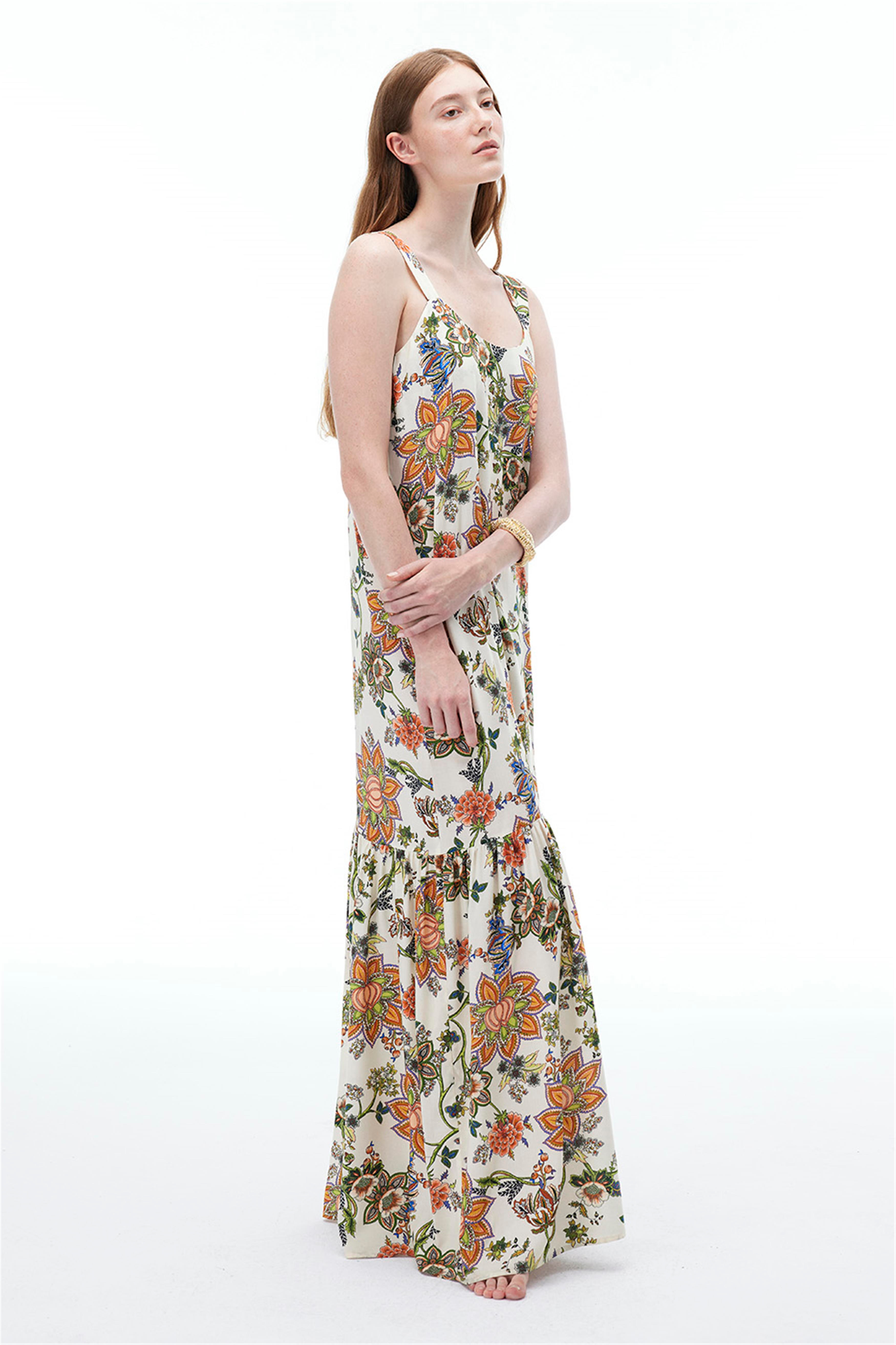 Çok Renkli Çiçek Desenli Askılı Pamuk Elbise