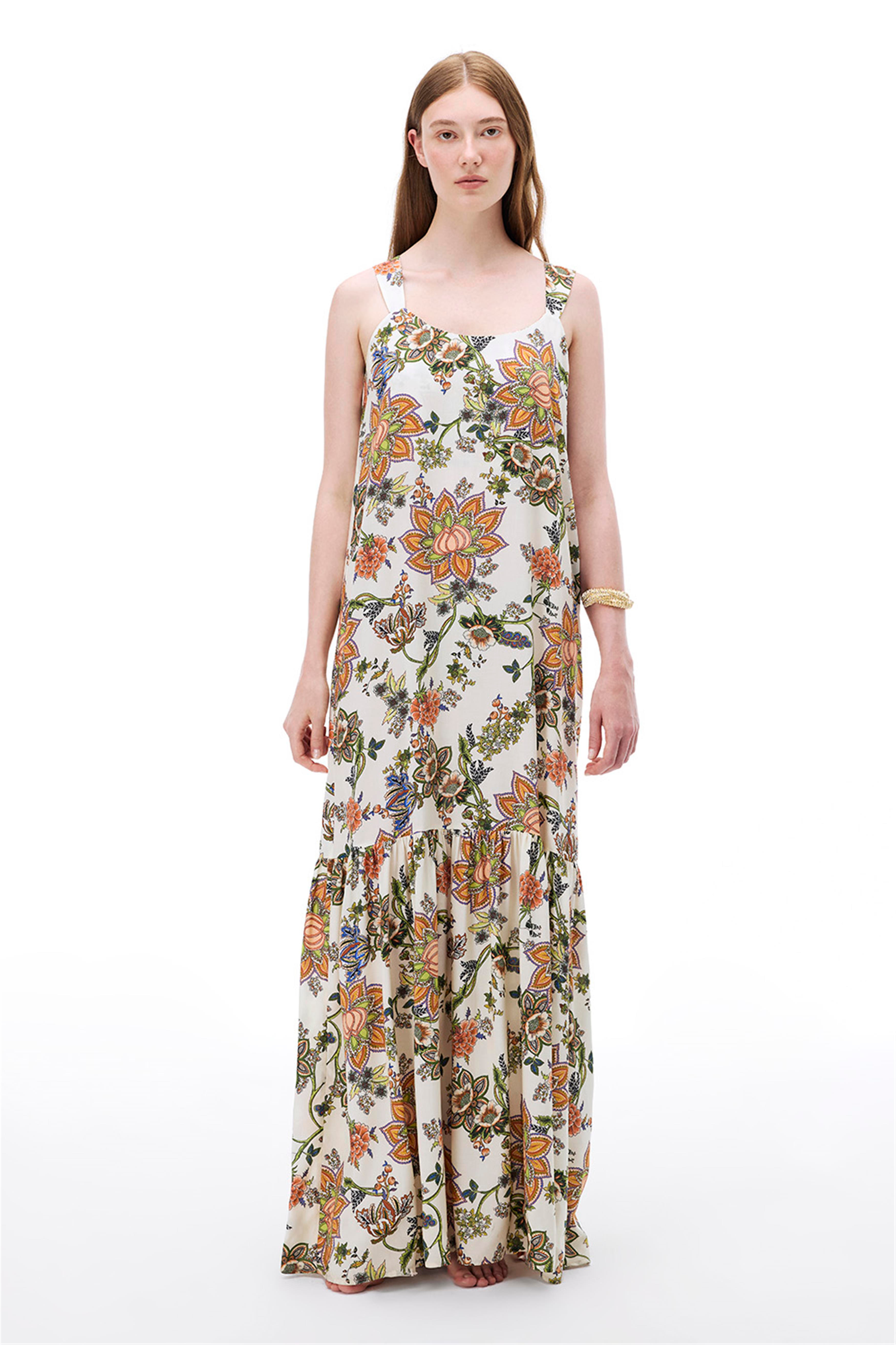 Çok Renkli Çiçek Desenli Askılı Pamuk Elbise