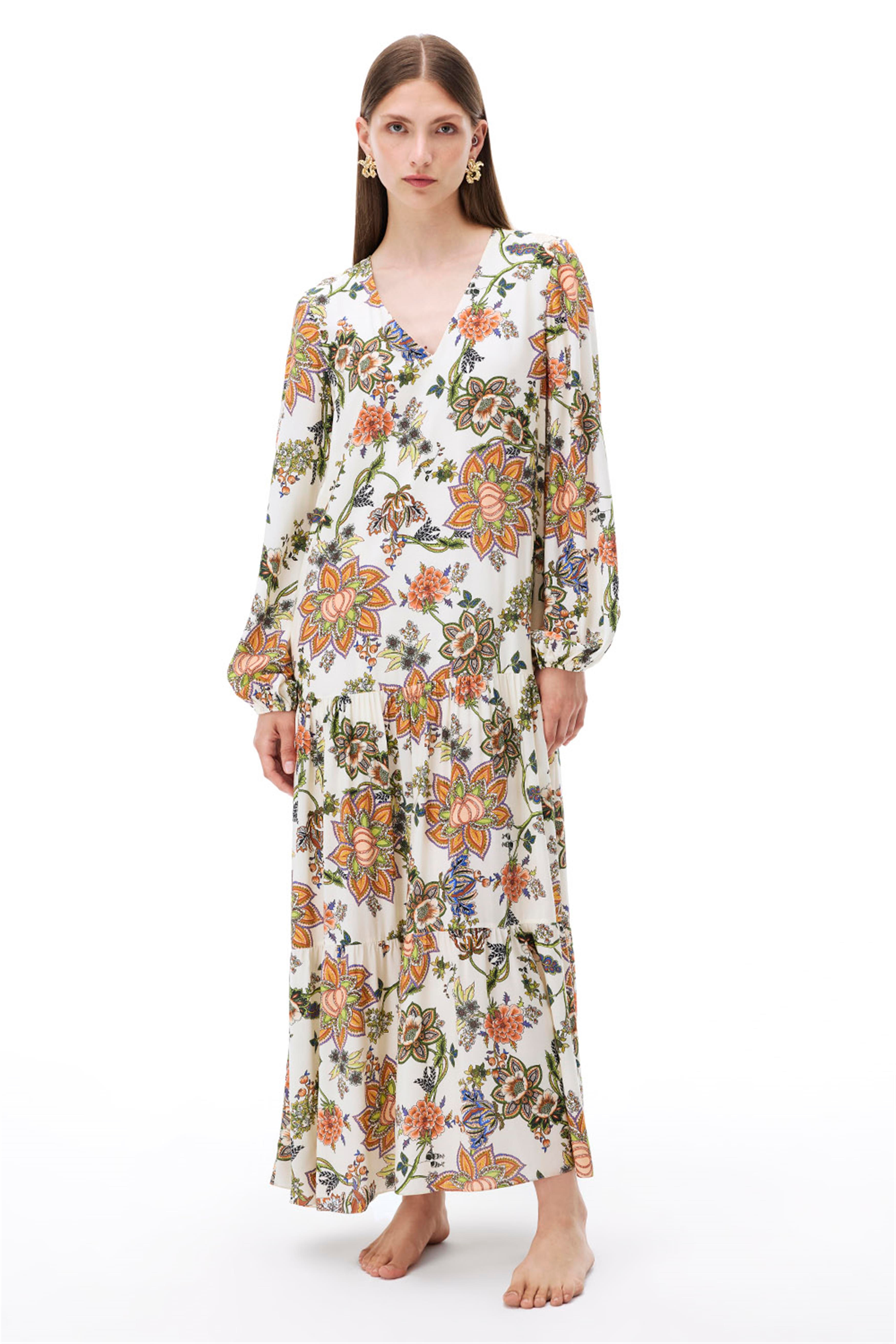 Çok Renkli Çiçek Desenli Uzun Elbise