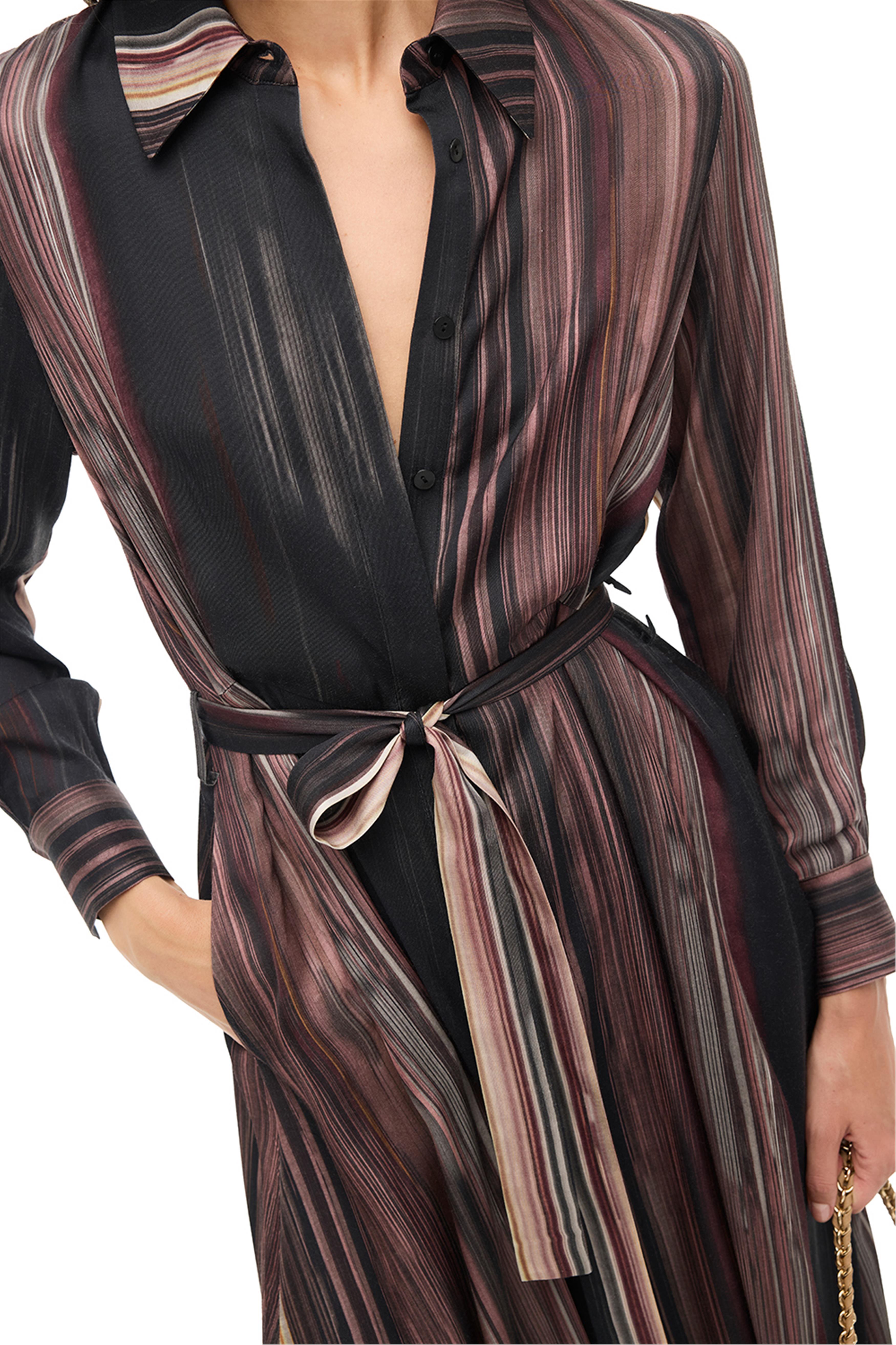 Çok Renkli Çizgili Gömlek Yaka Midi Elbise