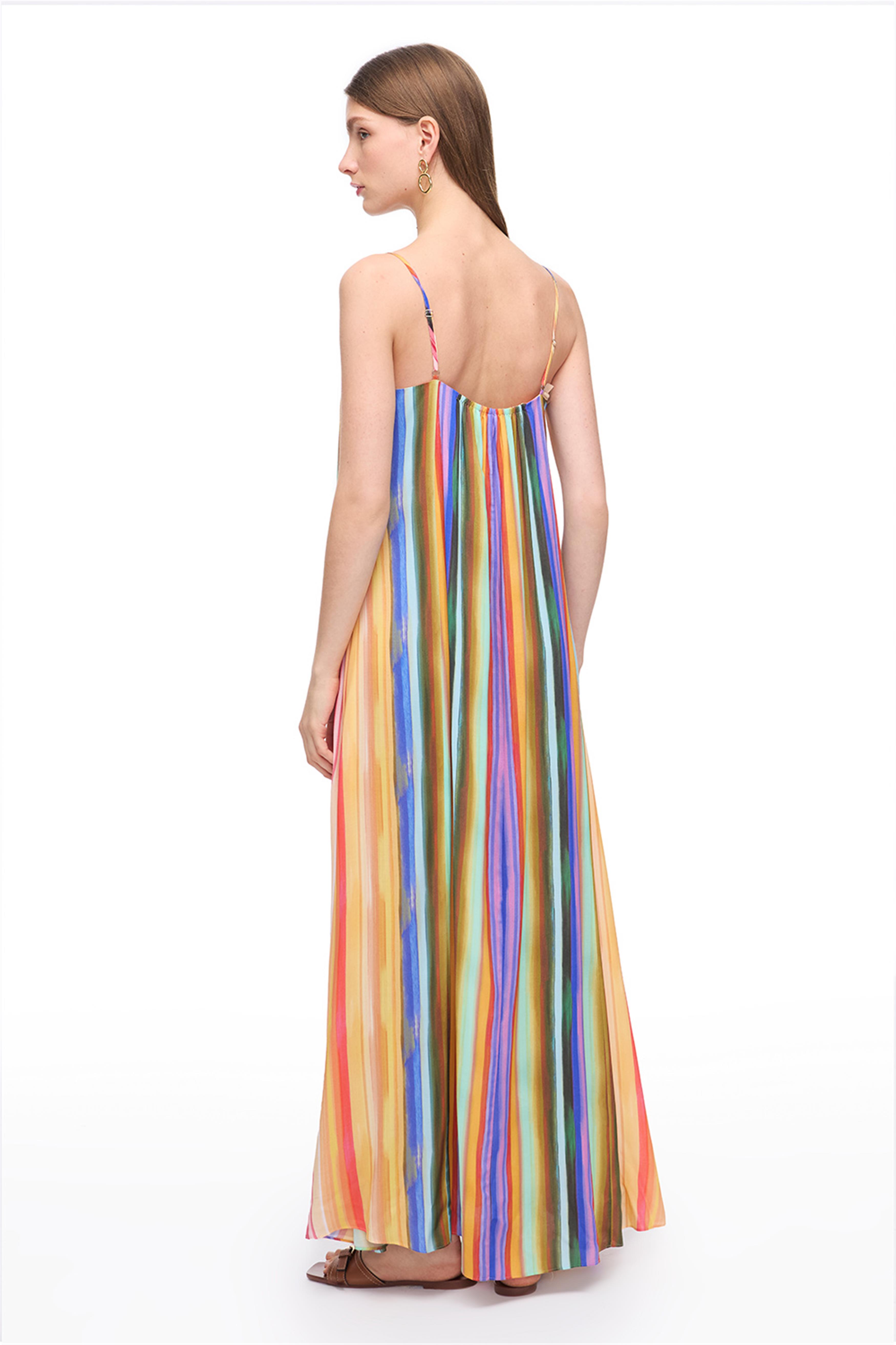 Çok Renkli Çizgili Uzun Elbise
